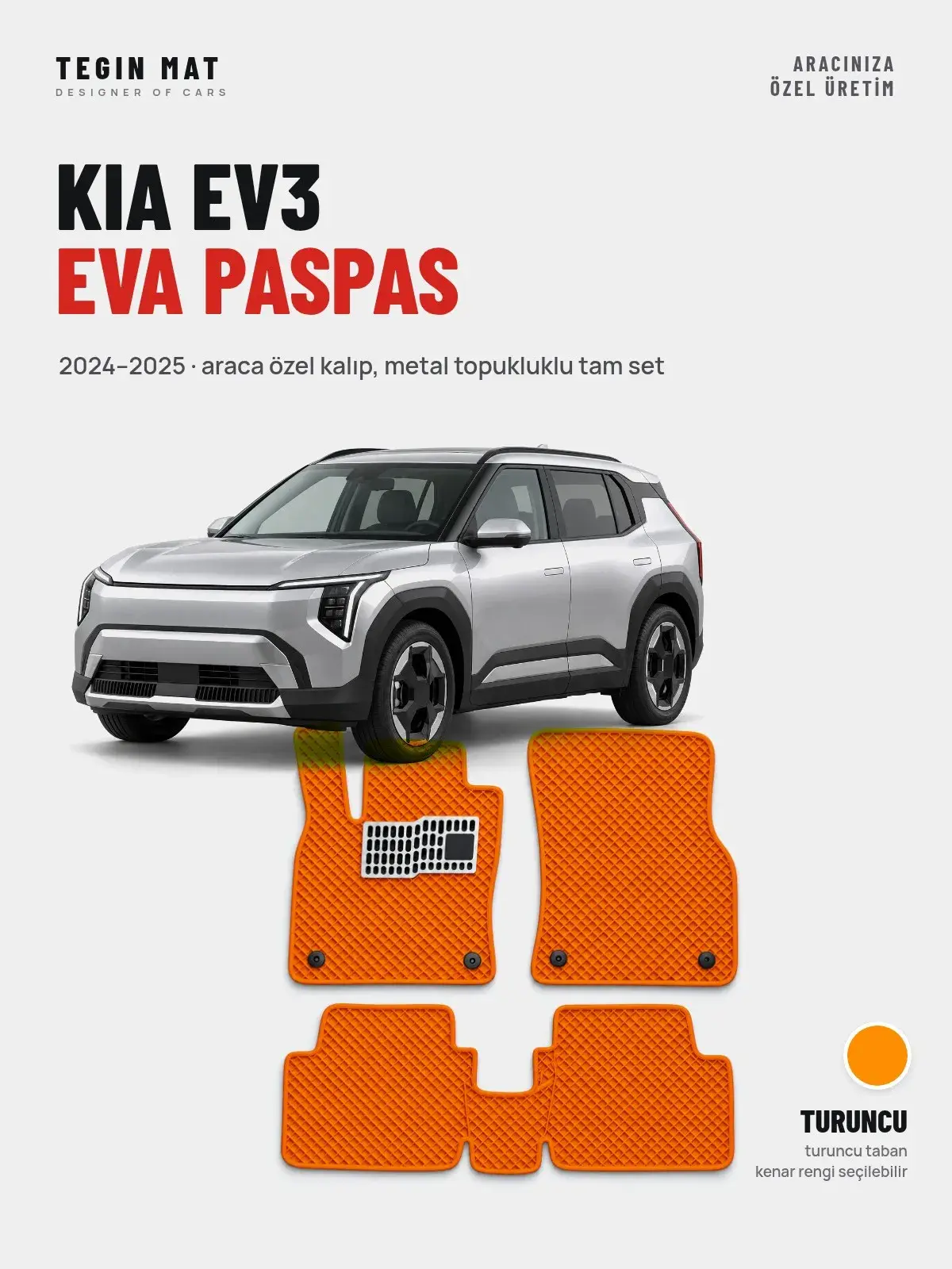 Kia EV3 EVA Oto Paspas Tam Set (2024–2025) Turuncu – Araca Özel Kalıp (1)