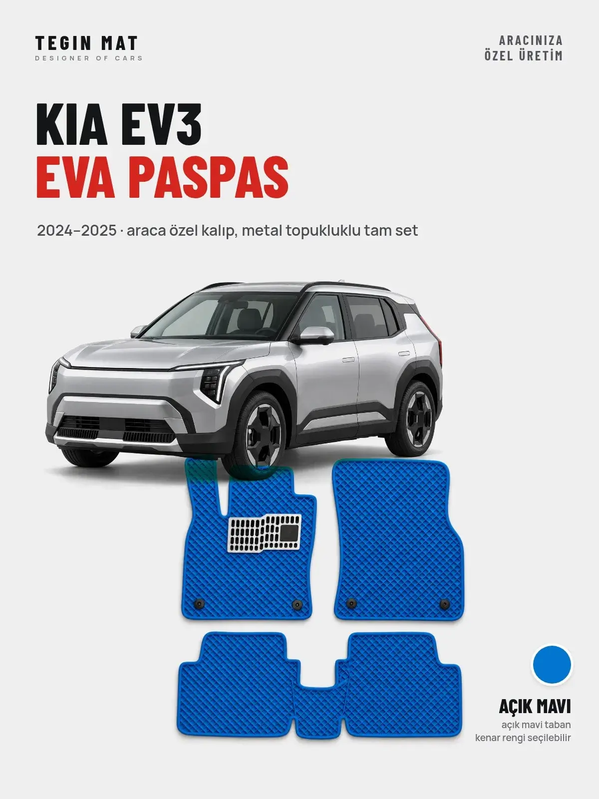 Kia EV3 EVA Oto Paspas Tam Set (2024–2025) Açık Mavi – Araca Özel Kalıp (1)