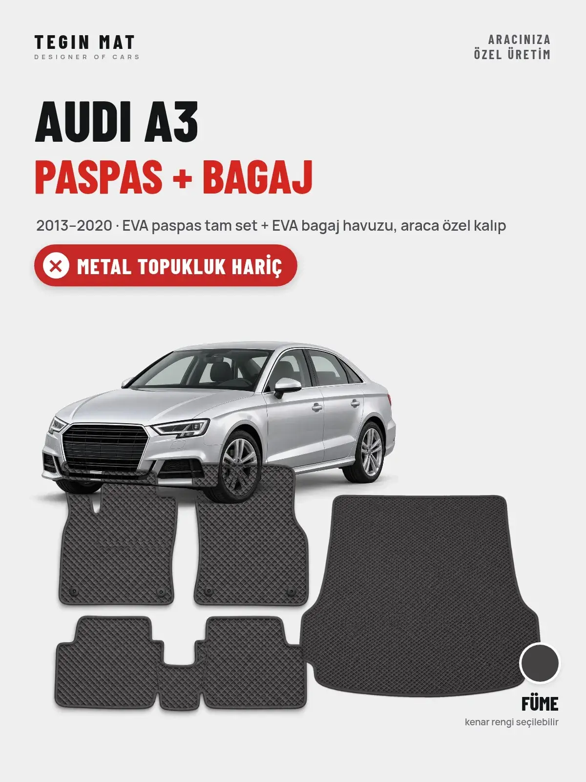 Audi A3 EVA Paspas + Bagaj Havuzu Seti (2013–2020) Füme – Metal Topukluk Hariç (1)
