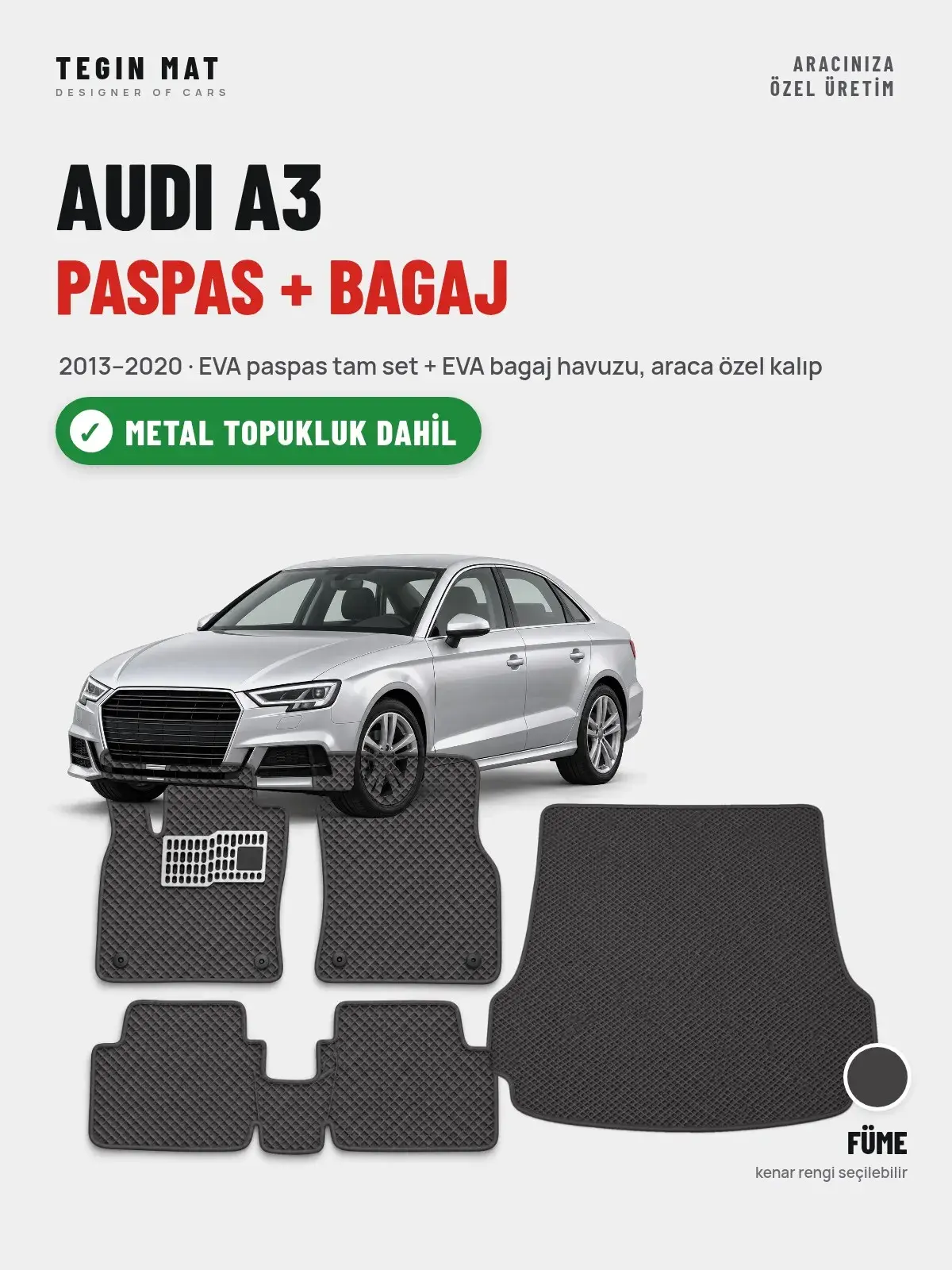 Audi A3 EVA Paspas + Bagaj Havuzu Seti (2013–2020) Füme – Metal Topukluk Dahil (1)