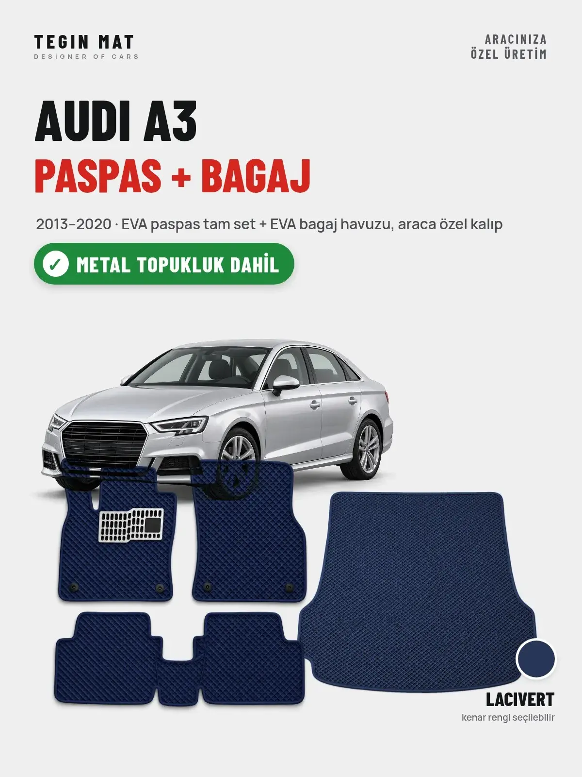 Audi A3 EVA Paspas + Bagaj Havuzu Seti (2013–2020) Lacivert – Metal Topukluk Dahil (1)