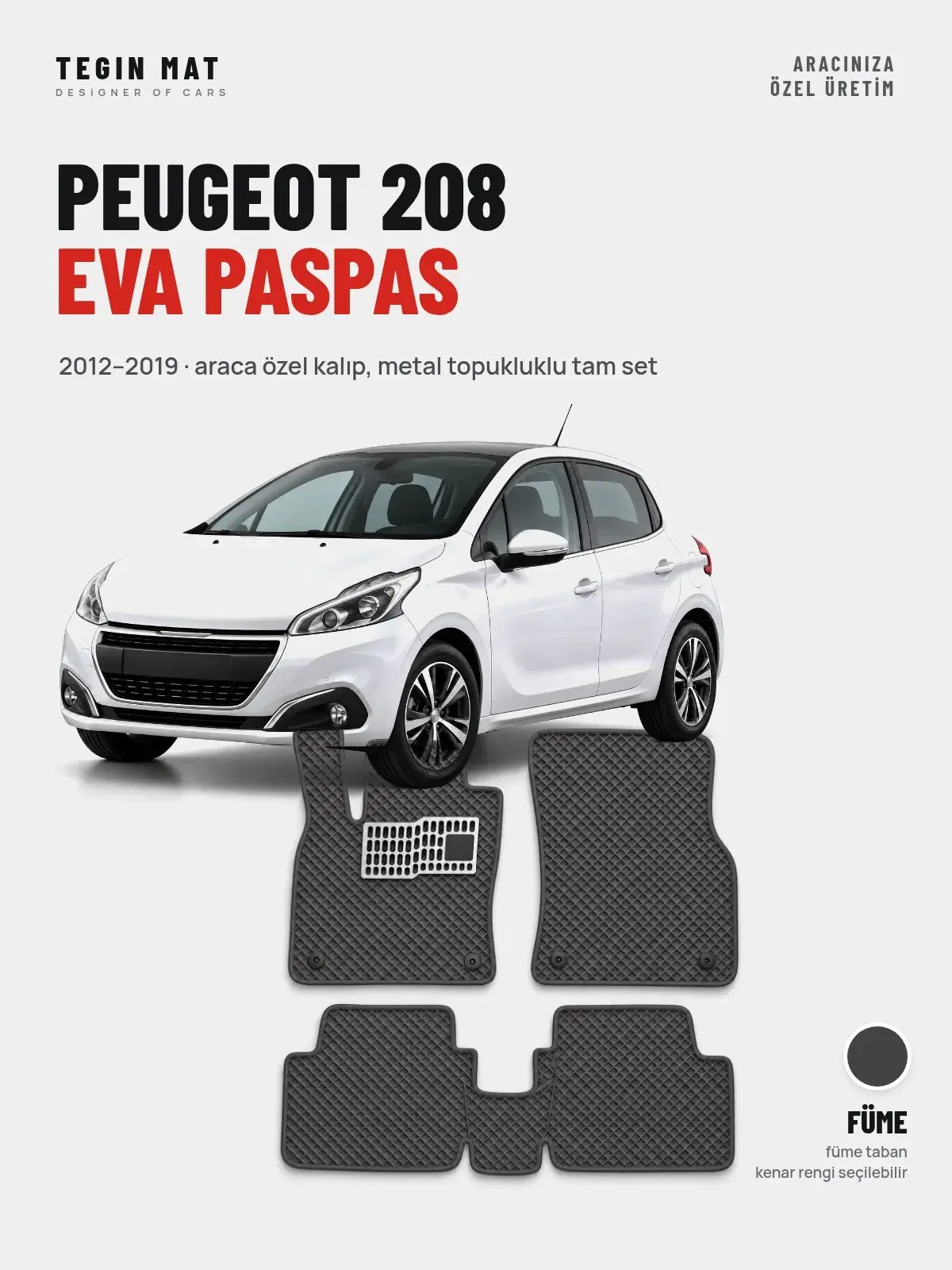 Peugeot 208 EVA Oto Paspas Tam Set (2012–2019) Füme – Araca Özel Kalıp (1)