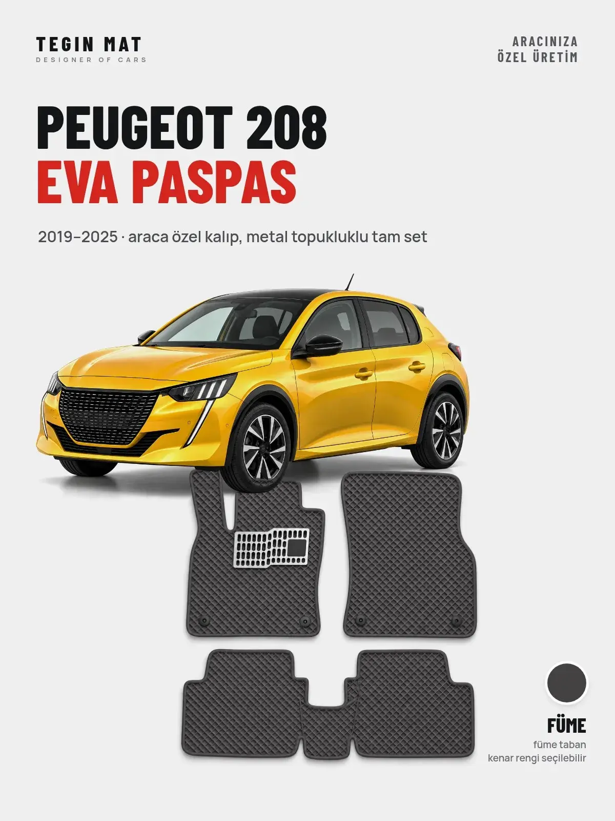 Peugeot 208 EVA Oto Paspas Tam Set (2019–2025) Füme – Araca Özel Kalıp (1)
