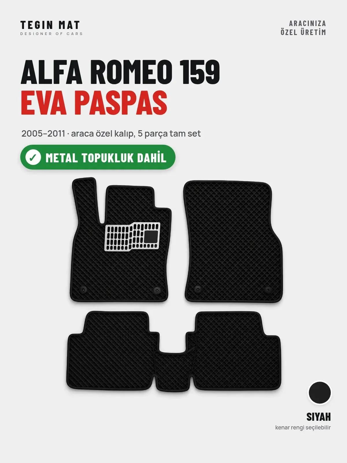 Alfa Romeo 159 EVA Oto Paspas Tam Set (2005–2011) Siyah – Metal Topukluk Dahil (1)
