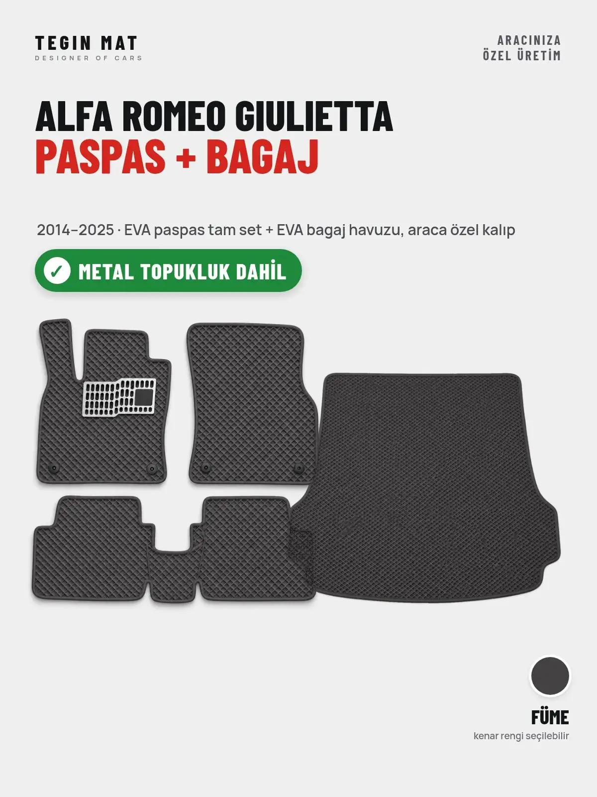 Alfa Romeo Giulietta EVA Paspas + Bagaj Havuzu Seti (2014–2025) Füme – Metal Topukluk Dahil (1)