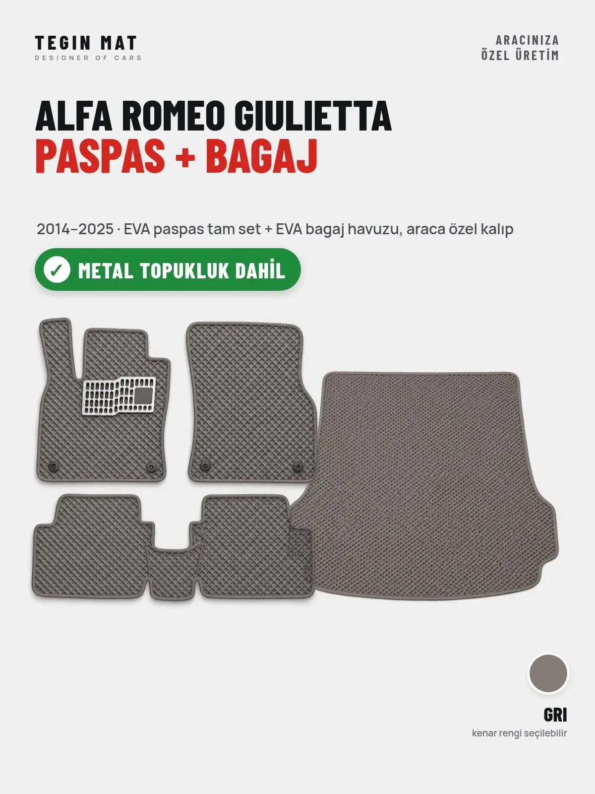 Alfa Romeo Giulietta EVA Paspas + Bagaj Havuzu Seti (2014–2025) Gri – Metal Topukluk Dahil (1)