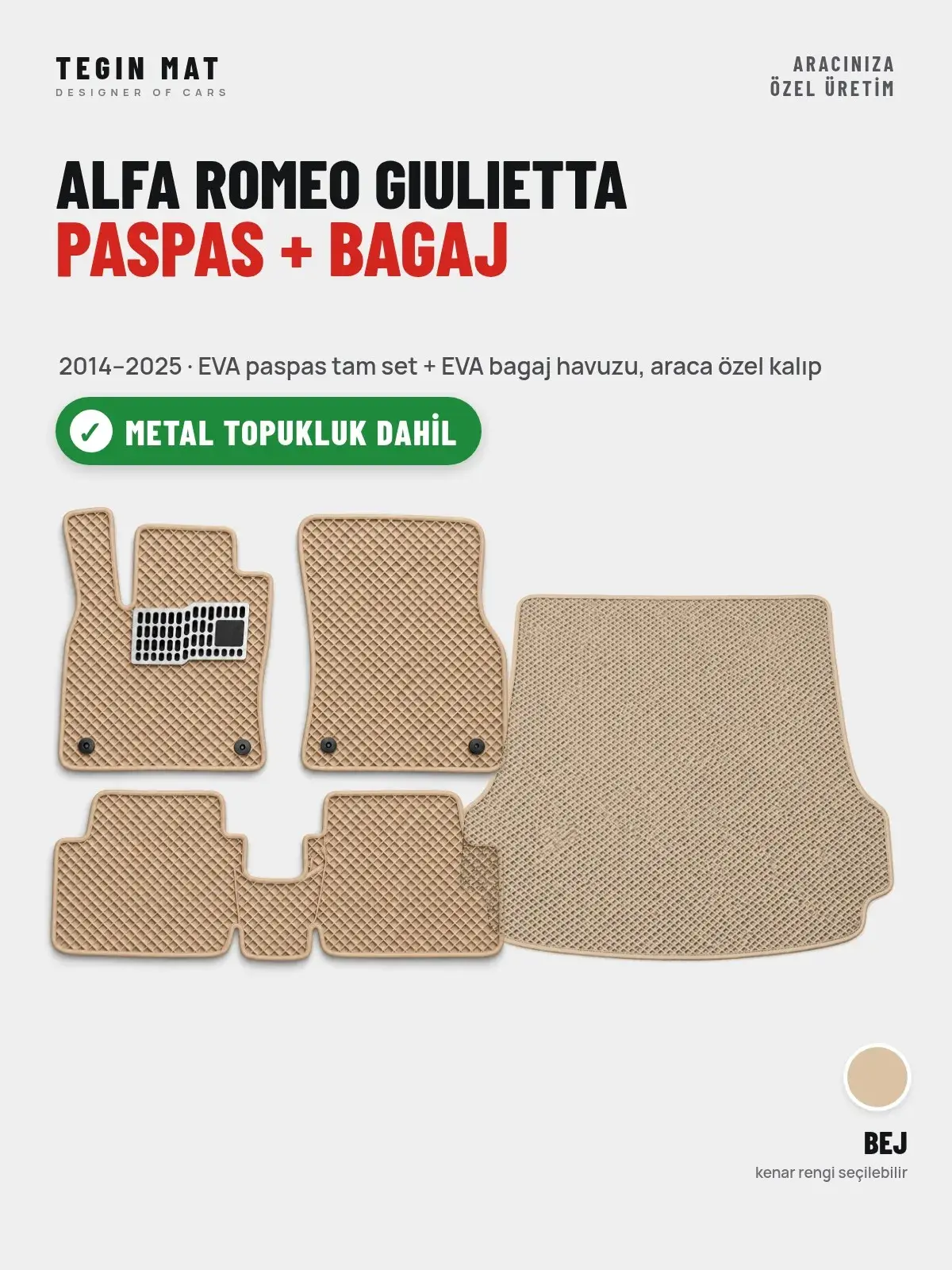 Alfa Romeo Giulietta EVA Paspas + Bagaj Havuzu Seti (2014–2025) Bej – Metal Topukluk Dahil (1)
