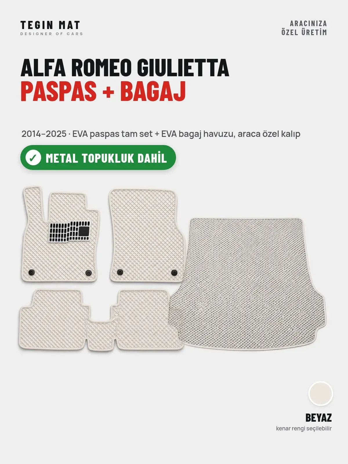 Alfa Romeo Giulietta EVA Paspas + Bagaj Havuzu Seti (2014–2025) Beyaz – Metal Topukluk Dahil (1)