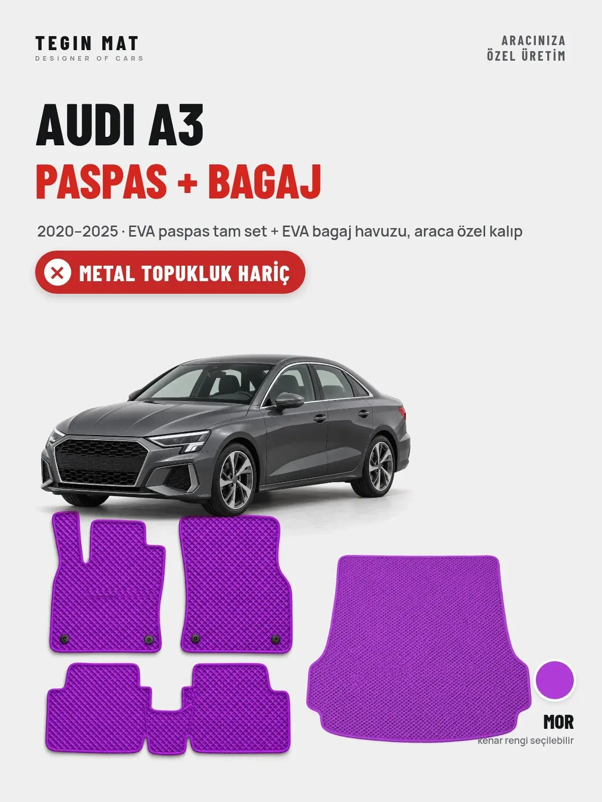 Audi A3 EVA Paspas + Bagaj Havuzu Seti (2020–2025) Mor – Metal Topukluk Hariç (1)