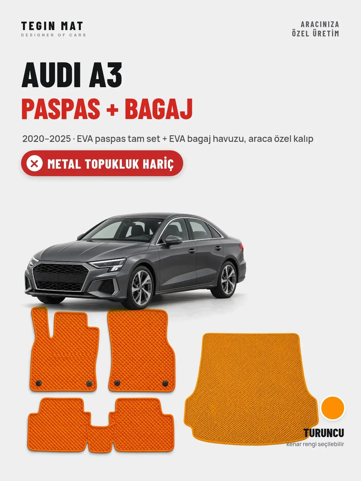 Audi A3 EVA Paspas + Bagaj Havuzu Seti (2020–2025) Turuncu – Metal Topukluk Hariç (1)