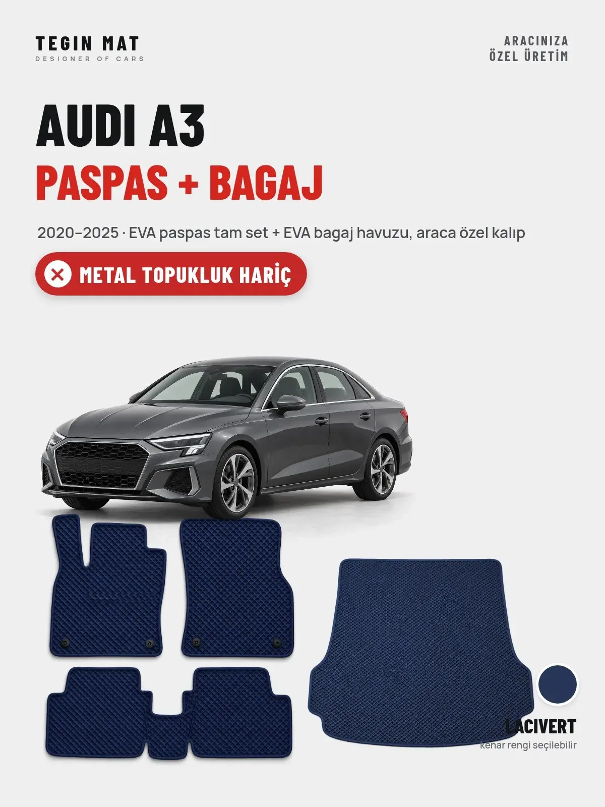 Audi A3 EVA Paspas + Bagaj Havuzu Seti (2020–2025) Lacivert – Metal Topukluk Hariç (1)