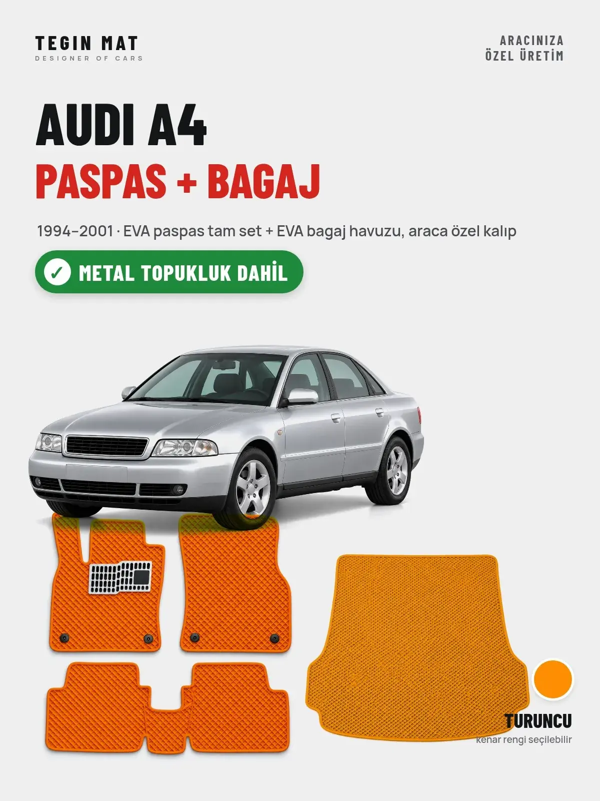 Audi A4 EVA Paspas + Bagaj Havuzu Seti (1994–2001) Turuncu – Metal Topukluk Dahil (1)