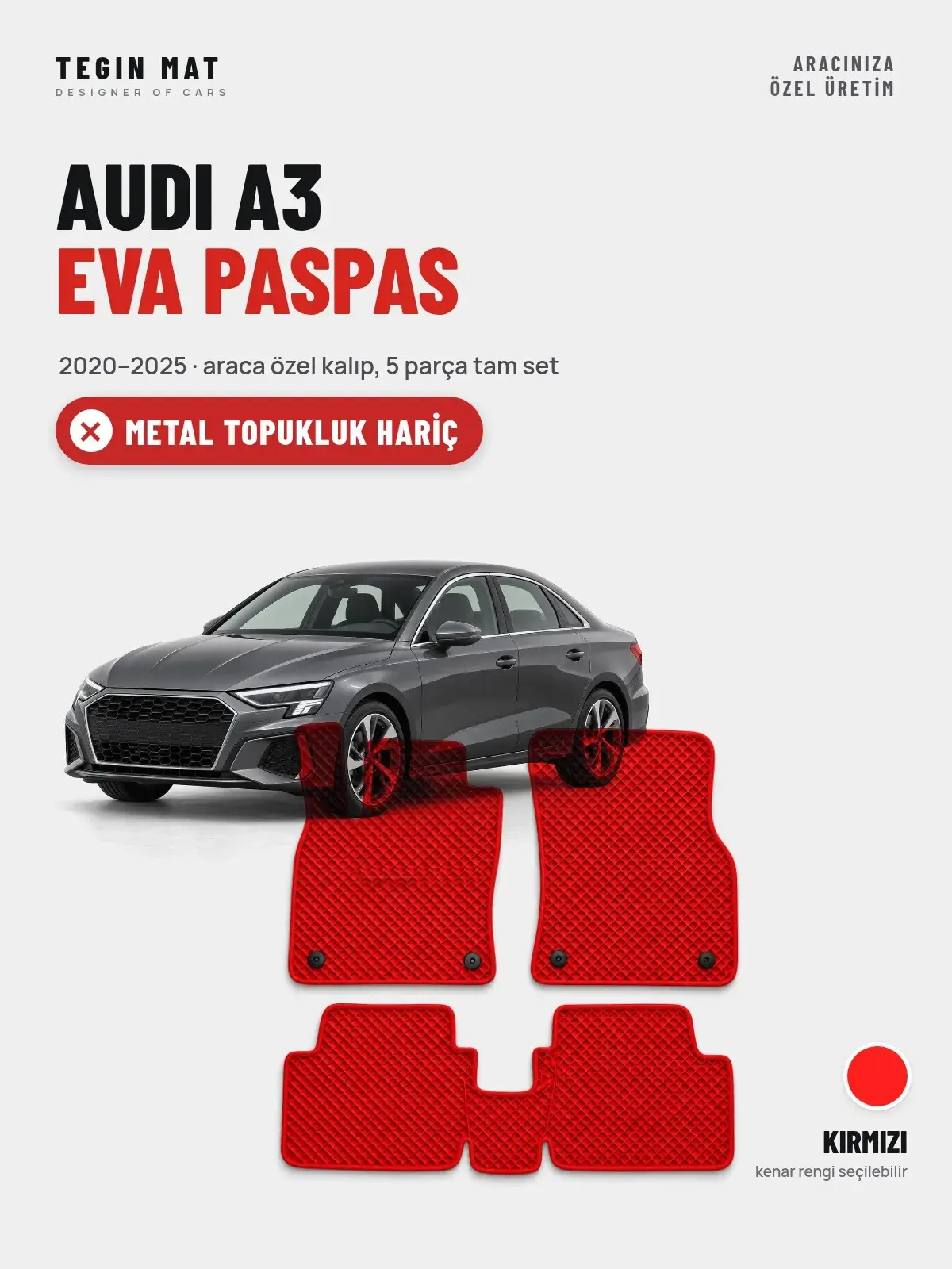Audi A3 EVA Oto Paspas Tam Set (2020–2025) Kırmızı – Metal Topukluk Hariç (1)