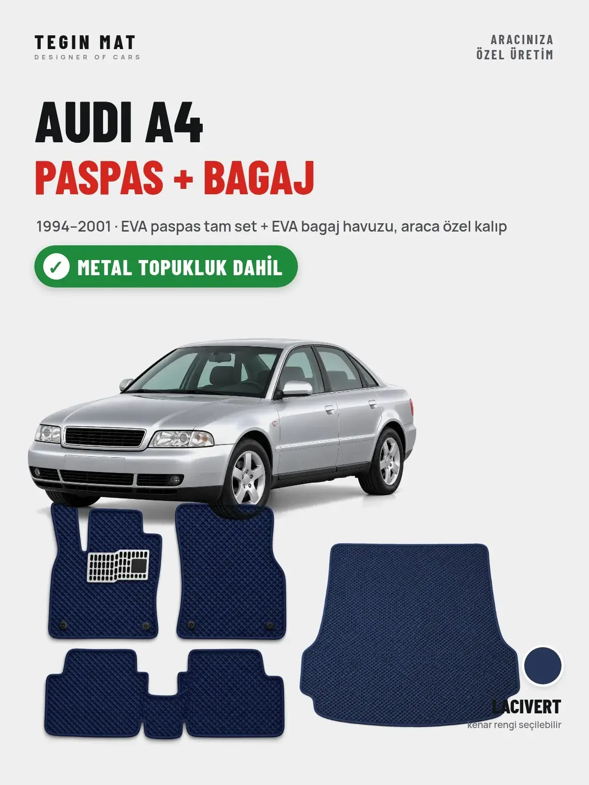 Audi A4 EVA Paspas + Bagaj Havuzu Seti (1994–2001) Lacivert – Metal Topukluk Dahil (1)