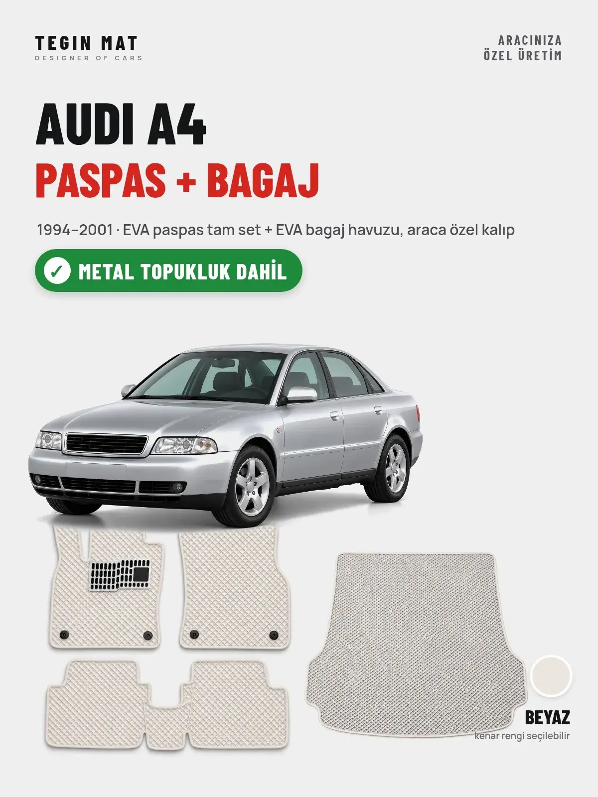 Audi A4 EVA Paspas + Bagaj Havuzu Seti (1994–2001) Beyaz – Metal Topukluk Dahil (1)