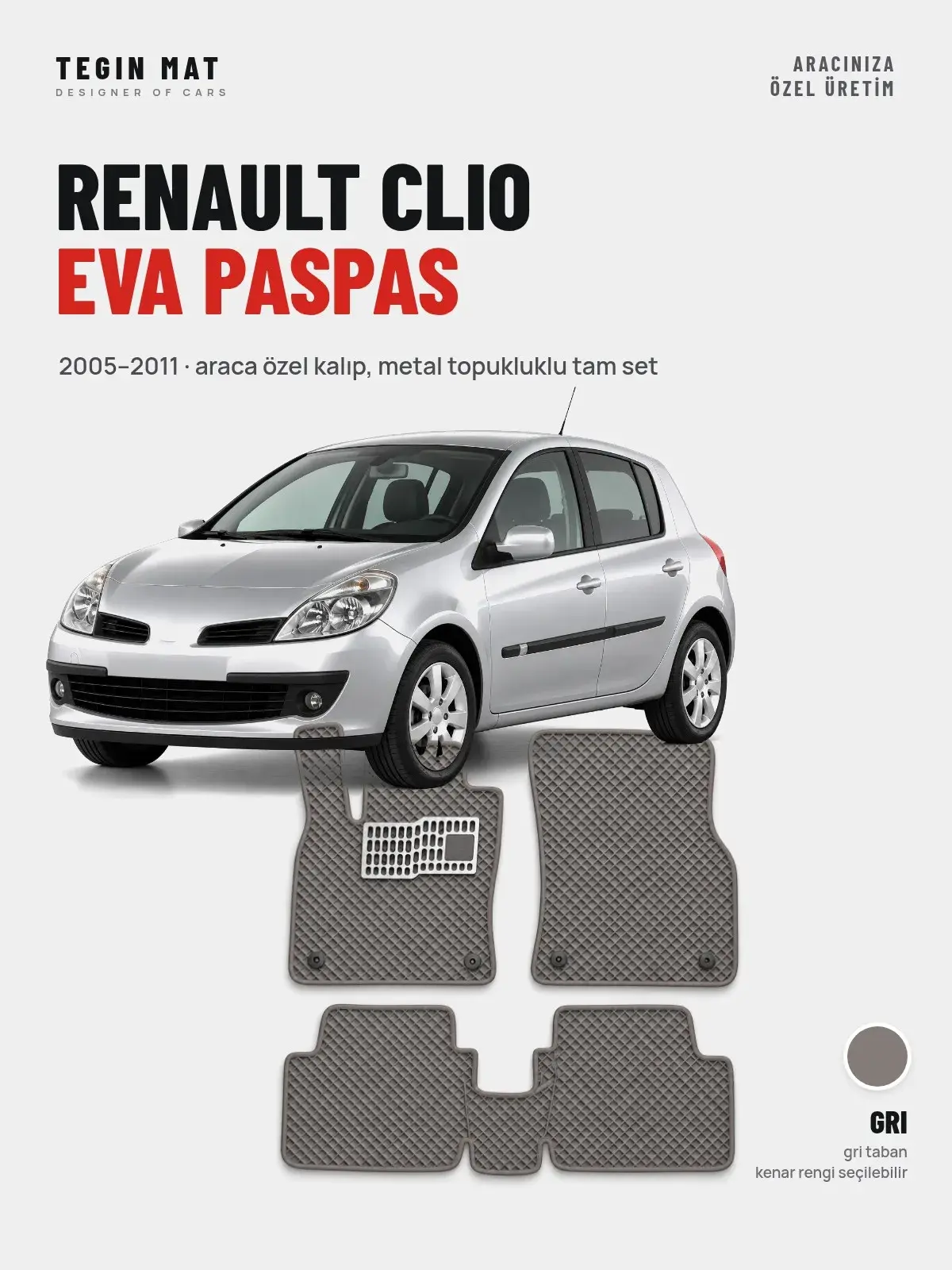 Renault Clio EVA Oto Paspas Tam Set (2005–2011) Gri – Araca Özel Kalıp (1)