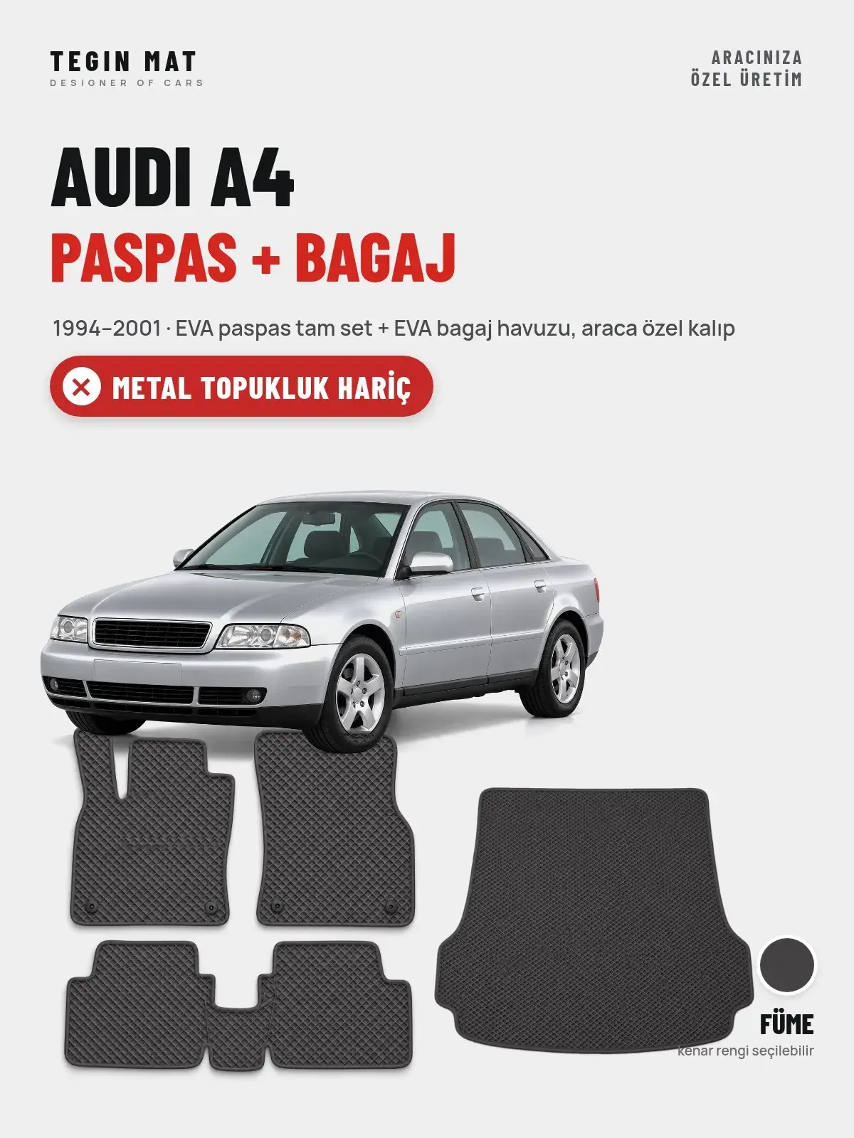 Audi A4 EVA Paspas + Bagaj Havuzu Seti (1994–2001) Füme – Metal Topukluk Hariç (1)