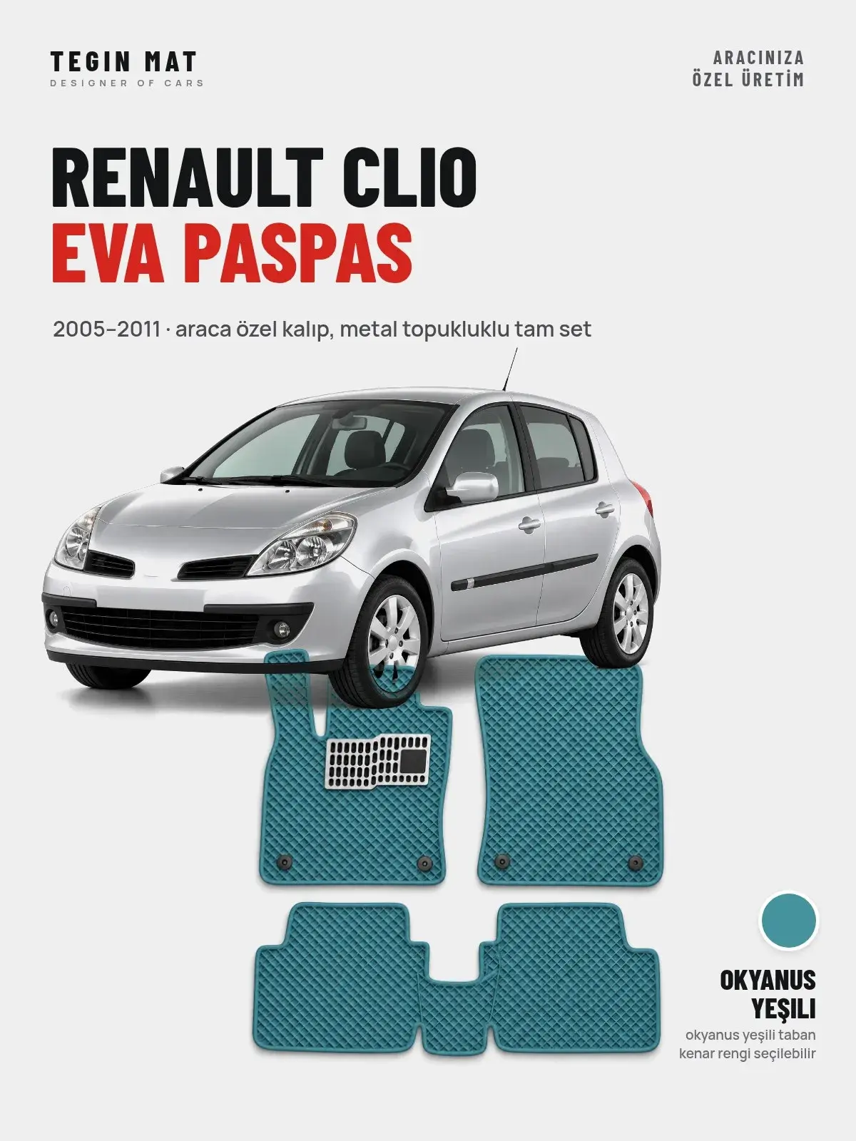 Renault Clio EVA Oto Paspas Tam Set (2005–2011) Okyanus Yeşili – Araca Özel Kalıp (1)