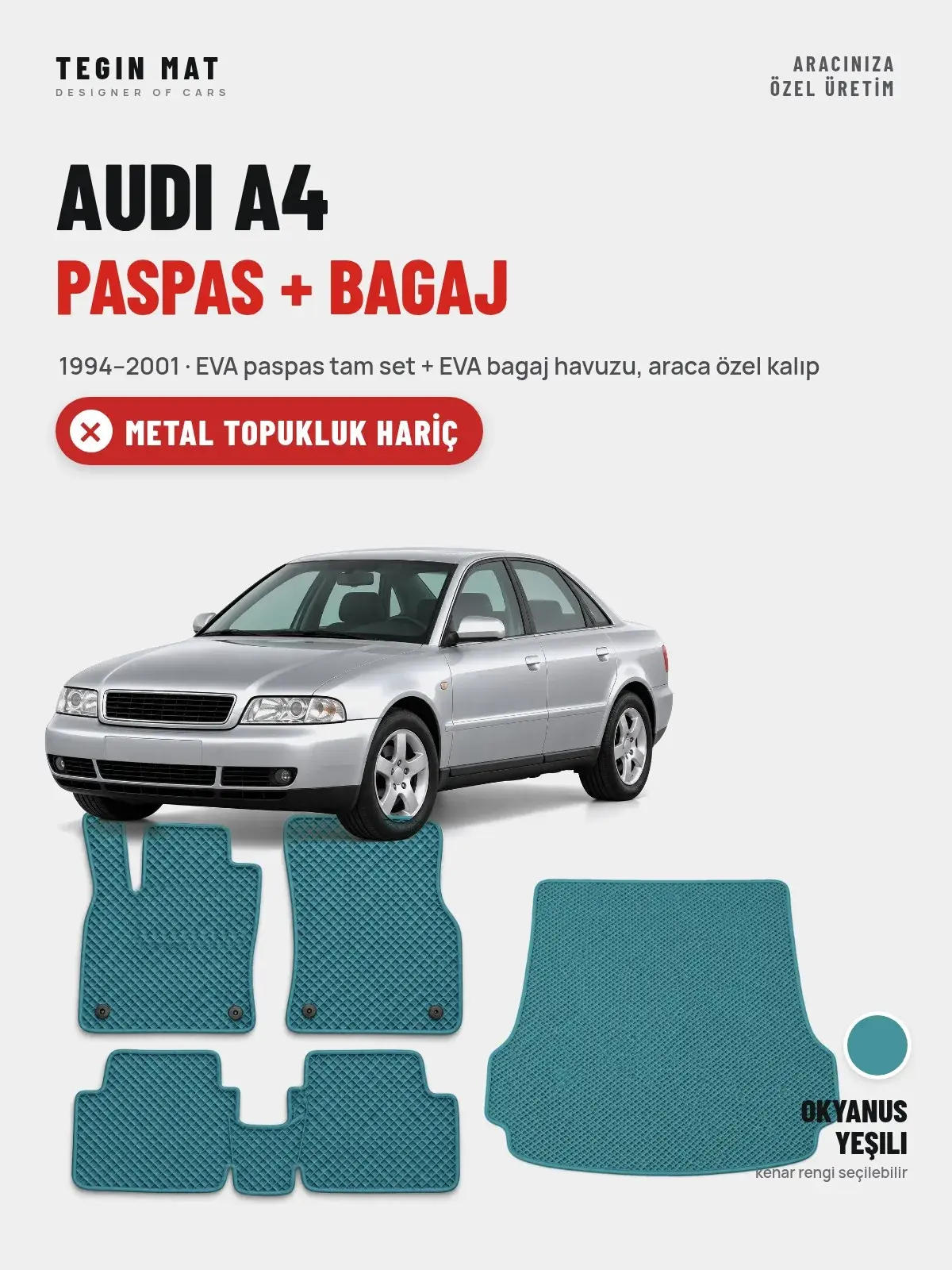 Audi A4 EVA Paspas + Bagaj Havuzu Seti (1994–2001) Okyanus Yeşili – Metal Topukluk Hariç (1)