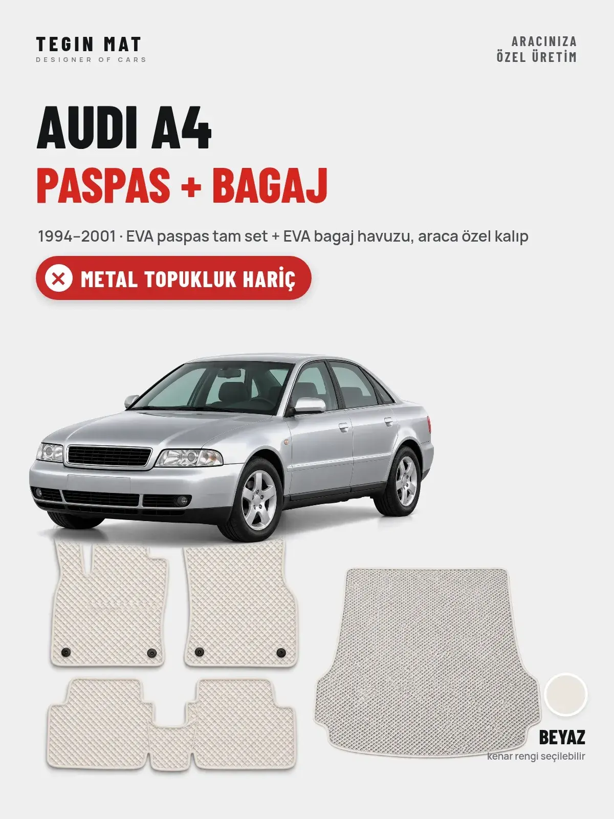 Audi A4 EVA Paspas + Bagaj Havuzu Seti (1994–2001) Beyaz – Metal Topukluk Hariç (1)
