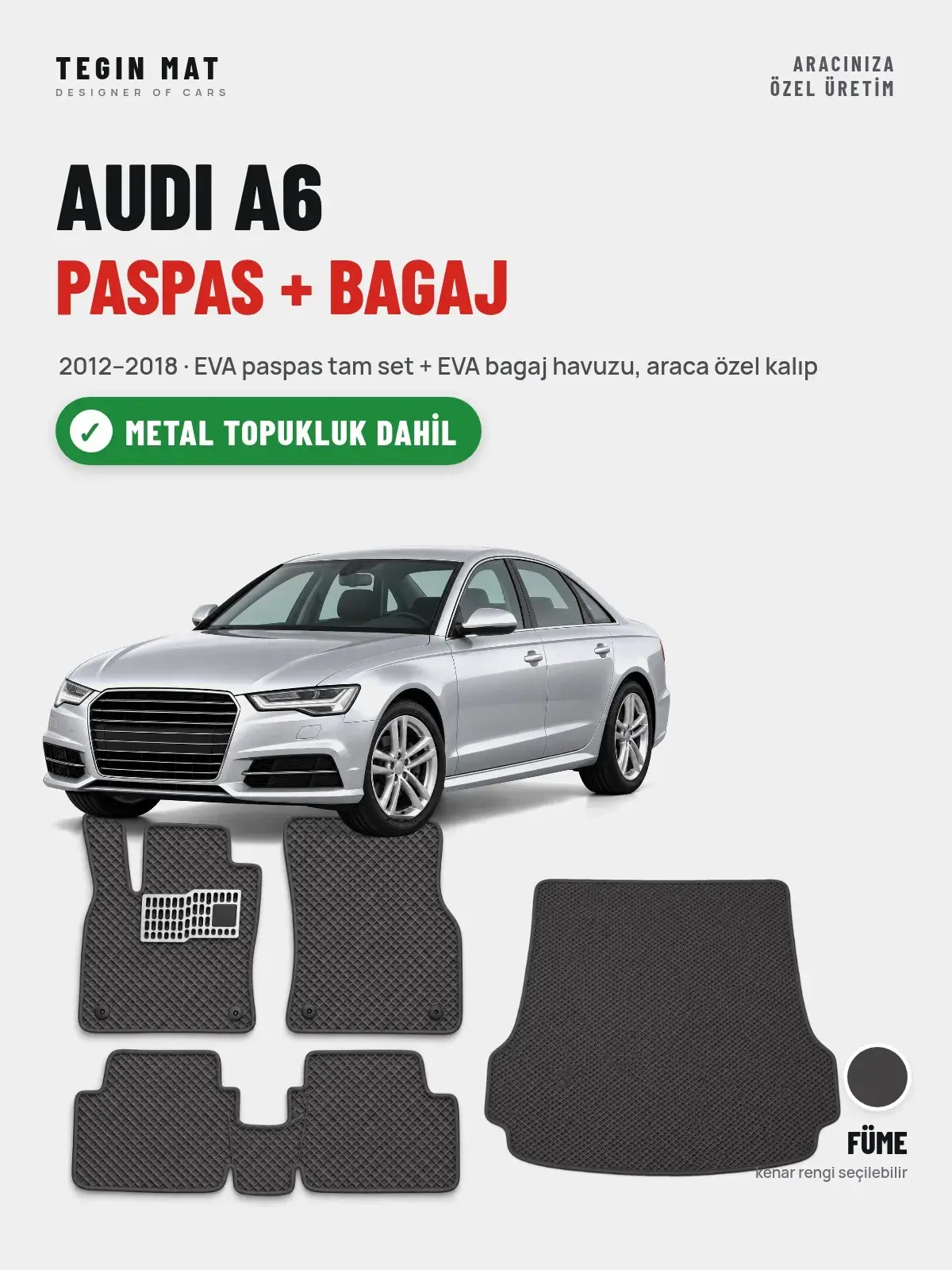 Audi A6 EVA Paspas + Bagaj Havuzu Seti (2012–2018) Füme – Metal Topukluk Dahil (1)