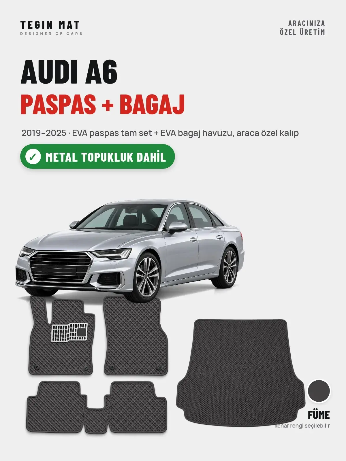 Audi A6 EVA Paspas + Bagaj Havuzu Seti (2019–2025) Füme – Metal Topukluk Dahil (1)