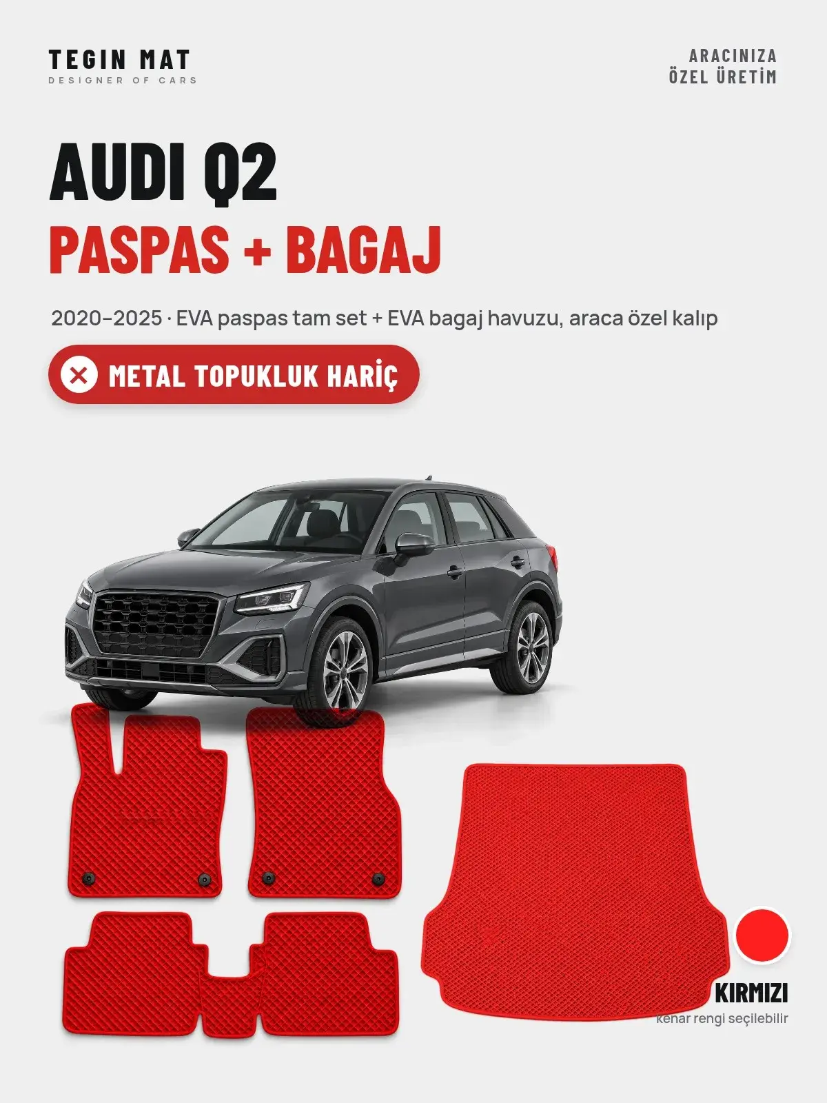 Audi Q2 EVA Paspas + Bagaj Havuzu Seti (2020–2025) Kırmızı – Metal Topukluk Hariç (1)