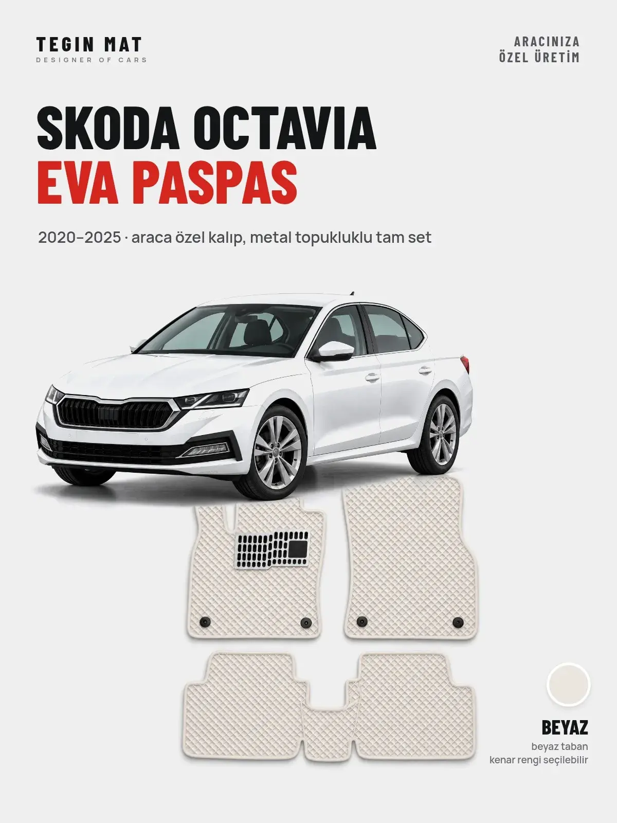 Skoda Octavia EVA Oto Paspas Tam Set (2020–2025) Beyaz – Araca Özel Kalıp (1)