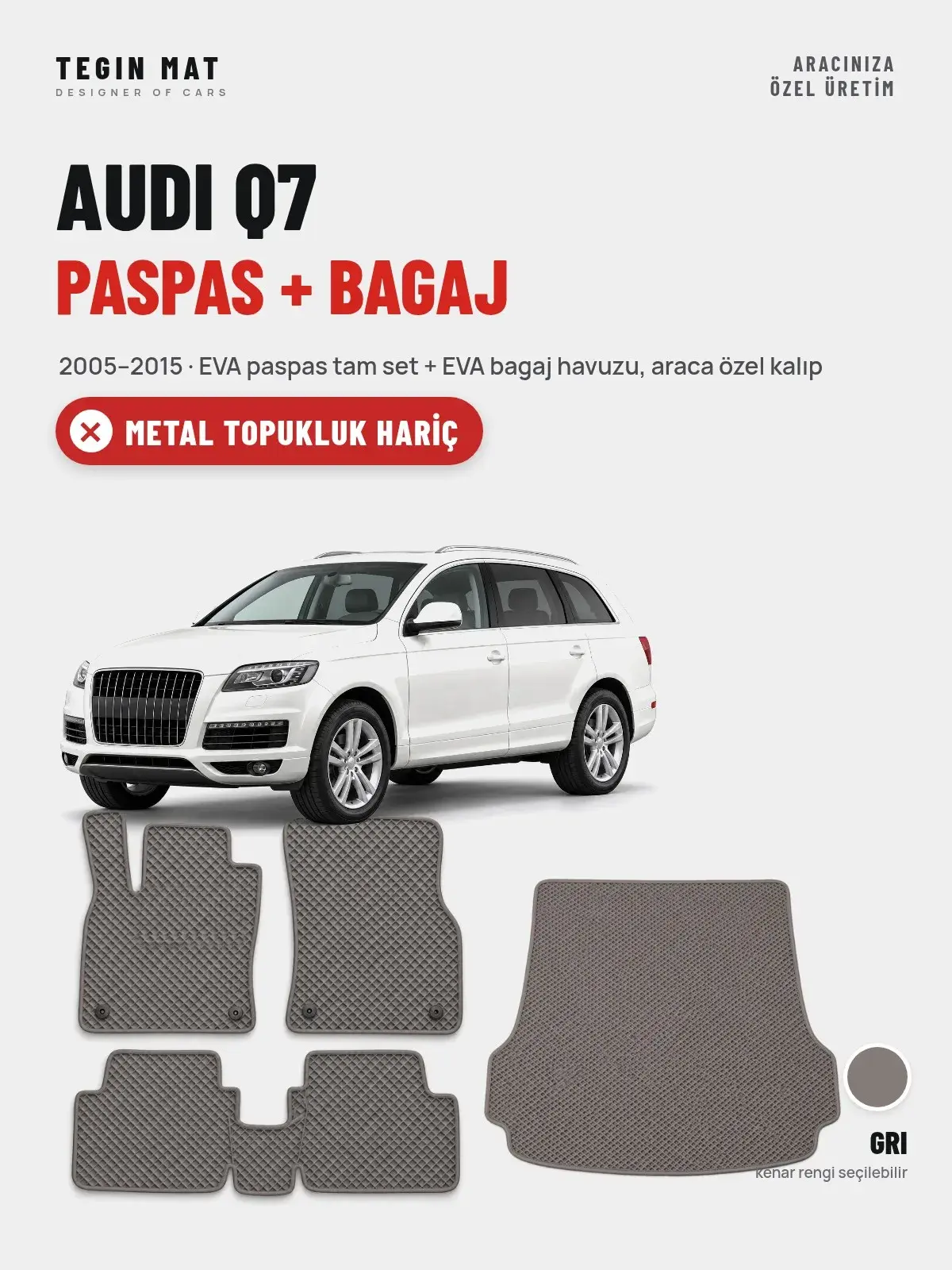Audi Q7 EVA Paspas + Bagaj Havuzu Seti (2005–2015) Gri – Metal Topukluk Hariç (1)
