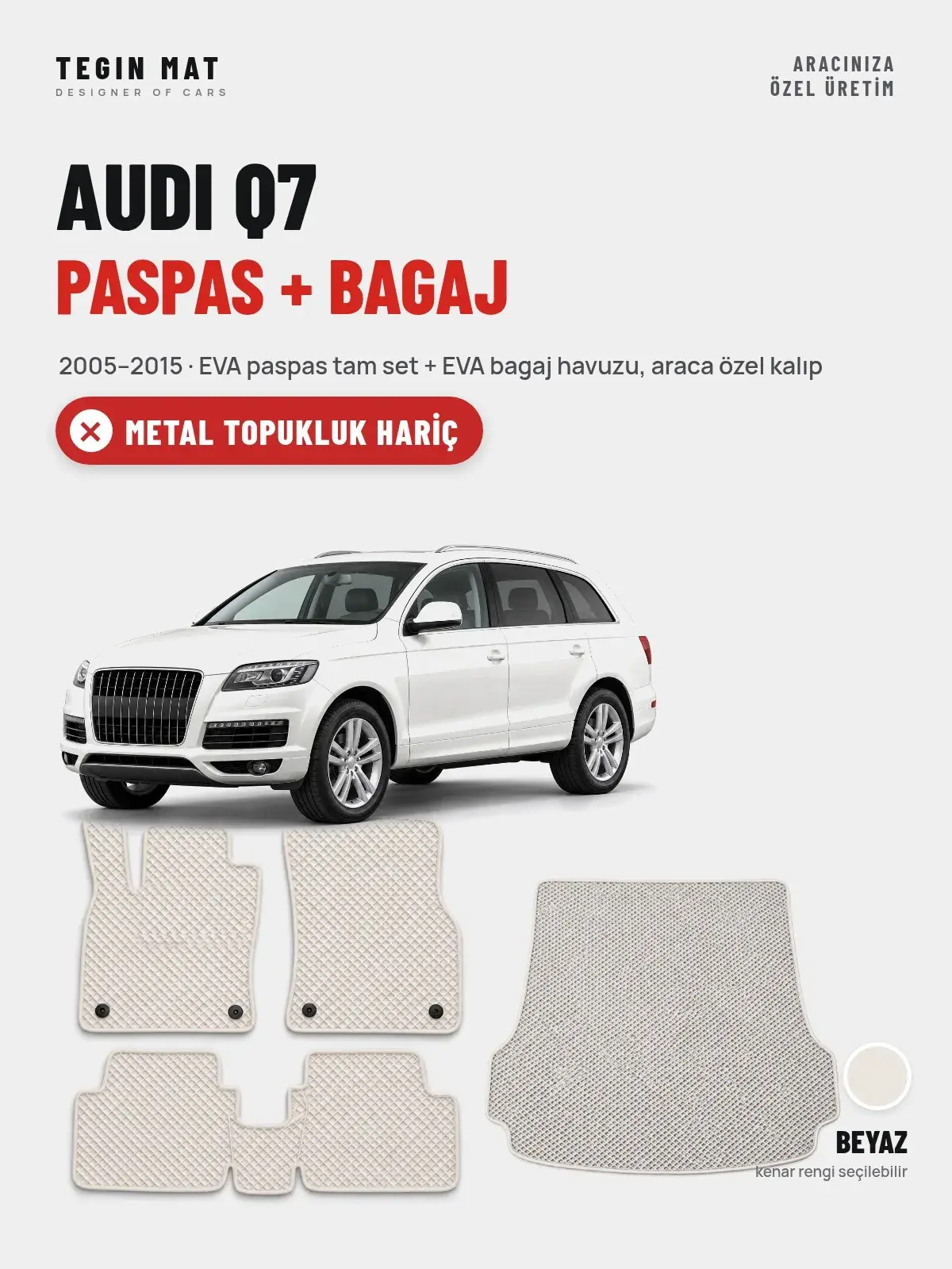 Audi Q7 EVA Paspas + Bagaj Havuzu Seti (2005–2015) Beyaz – Metal Topukluk Hariç (1)
