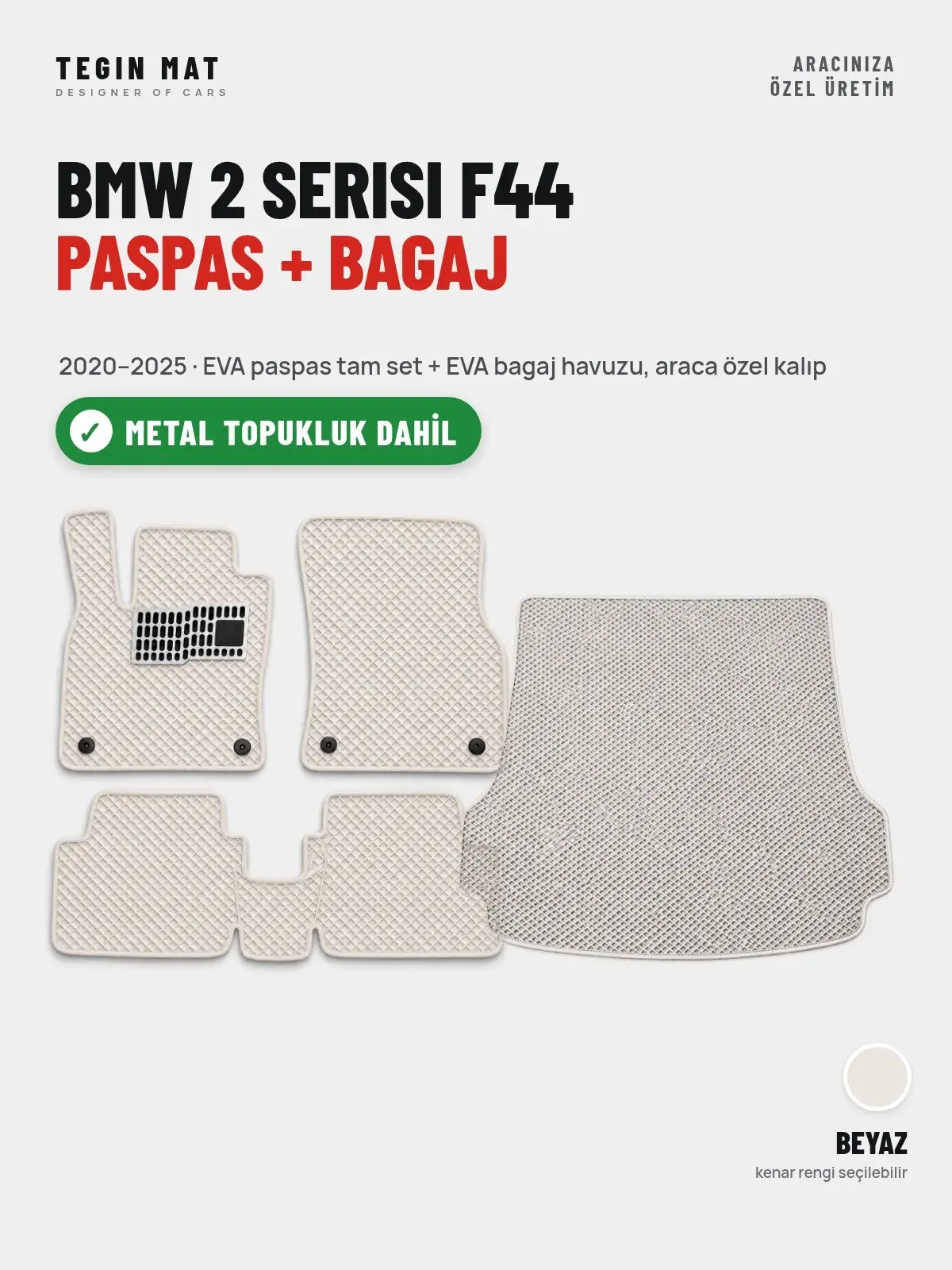 BMW 2 Serisi F44 EVA Paspas + Bagaj Havuzu Seti (2020–2025) Beyaz – Metal Topukluk Dahil (1)