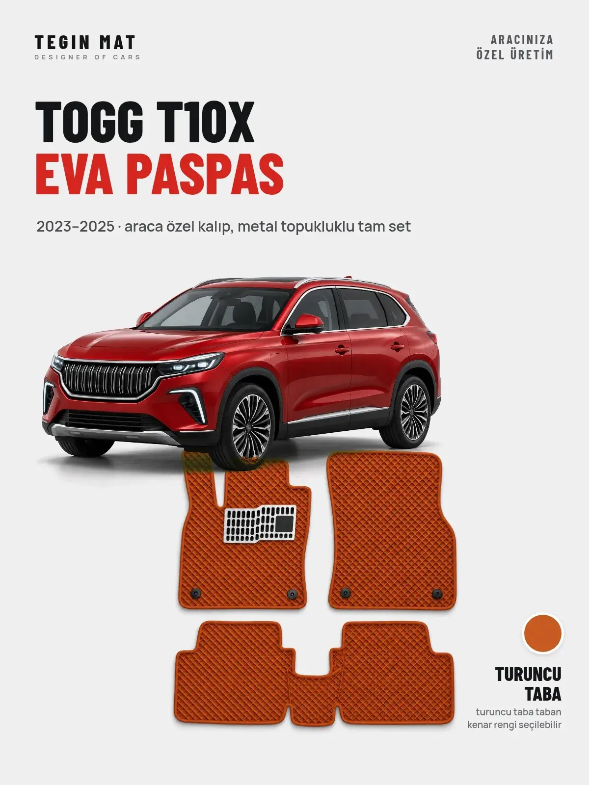 Togg T10X EVA Oto Paspas Tam Set (2023–2025) Turuncu Taba – Araca Özel Kalıp (1)