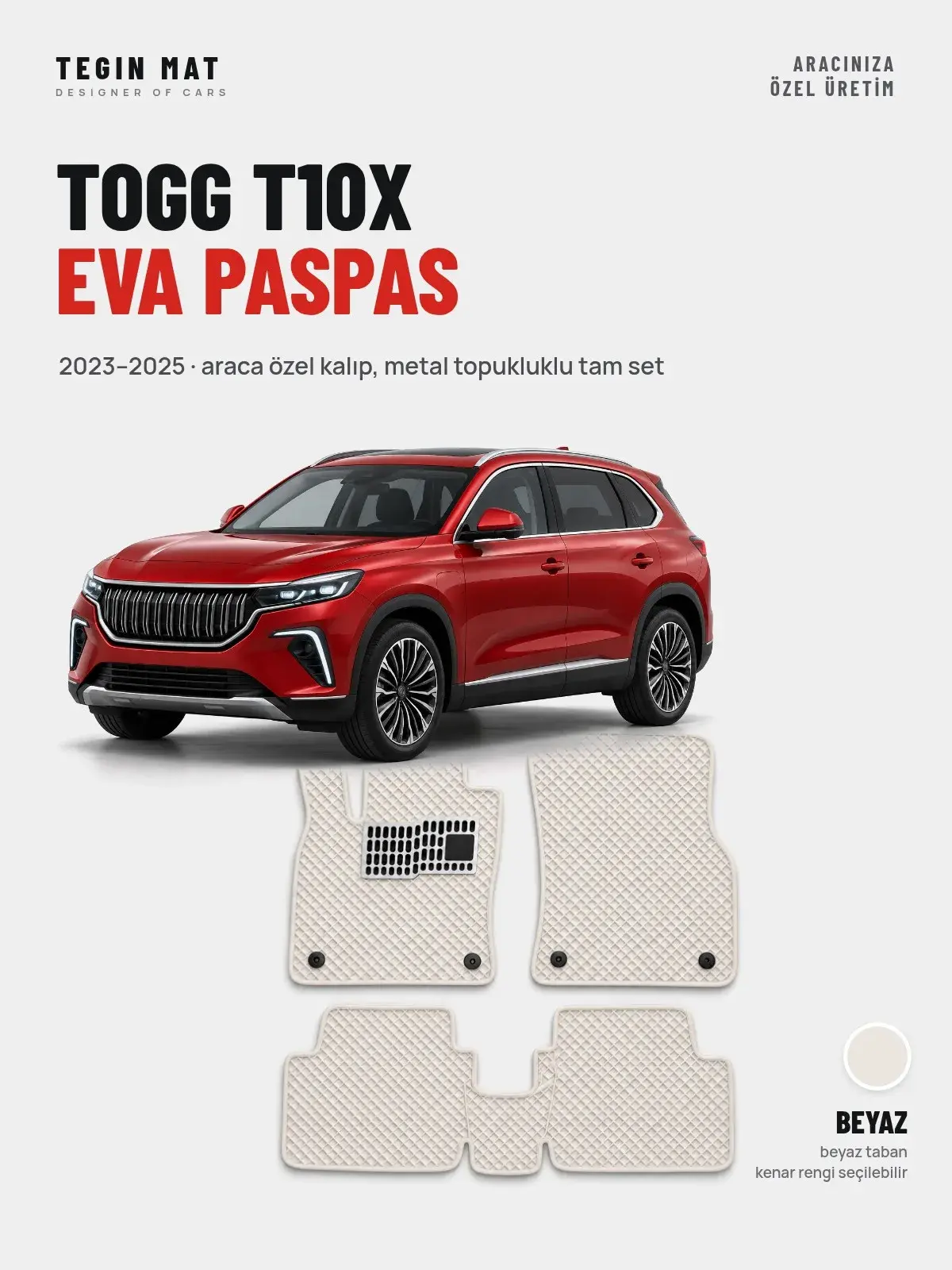 Togg T10X EVA Oto Paspas Tam Set (2023–2025) Beyaz – Araca Özel Kalıp (1)