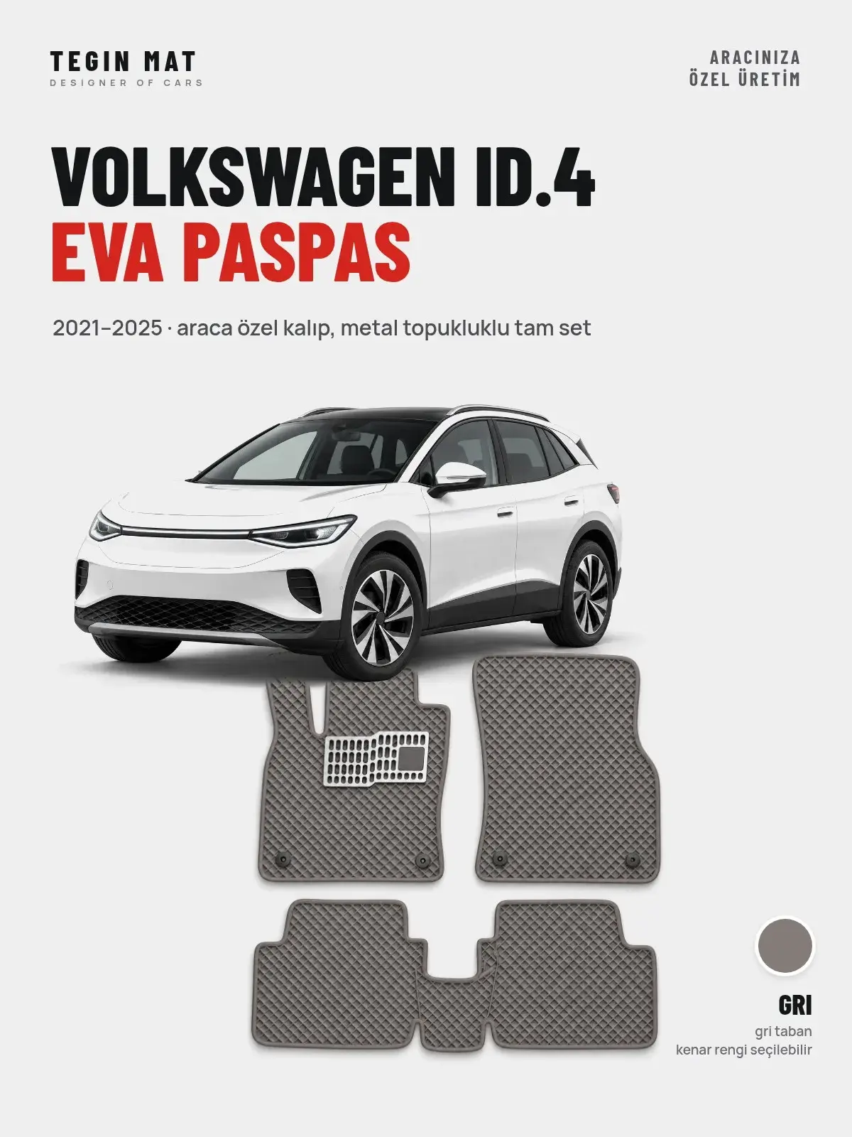 Volkswagen ID.4 EVA Oto Paspas Tam Set (2021–2025) Gri – Araca Özel Kalıp (1)