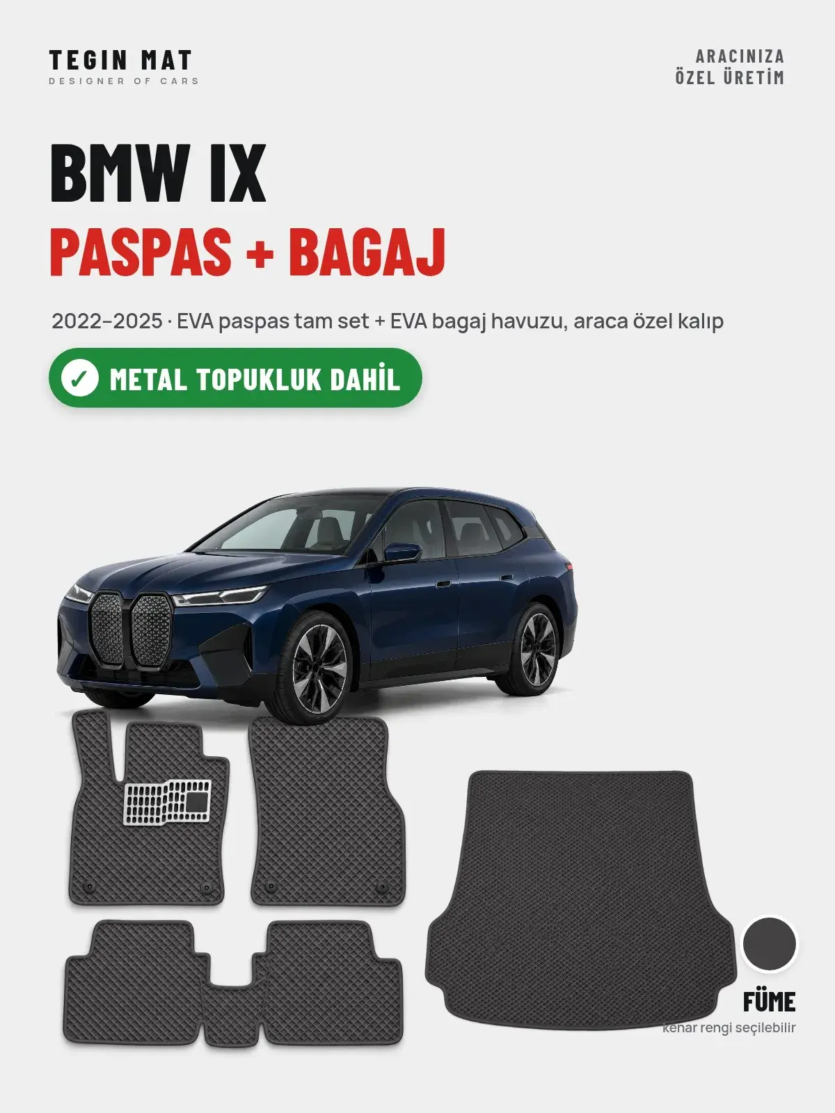 BMW iX EVA Paspas + Bagaj Havuzu Seti (2022–2025) Füme – Metal Topukluk Dahil (1)