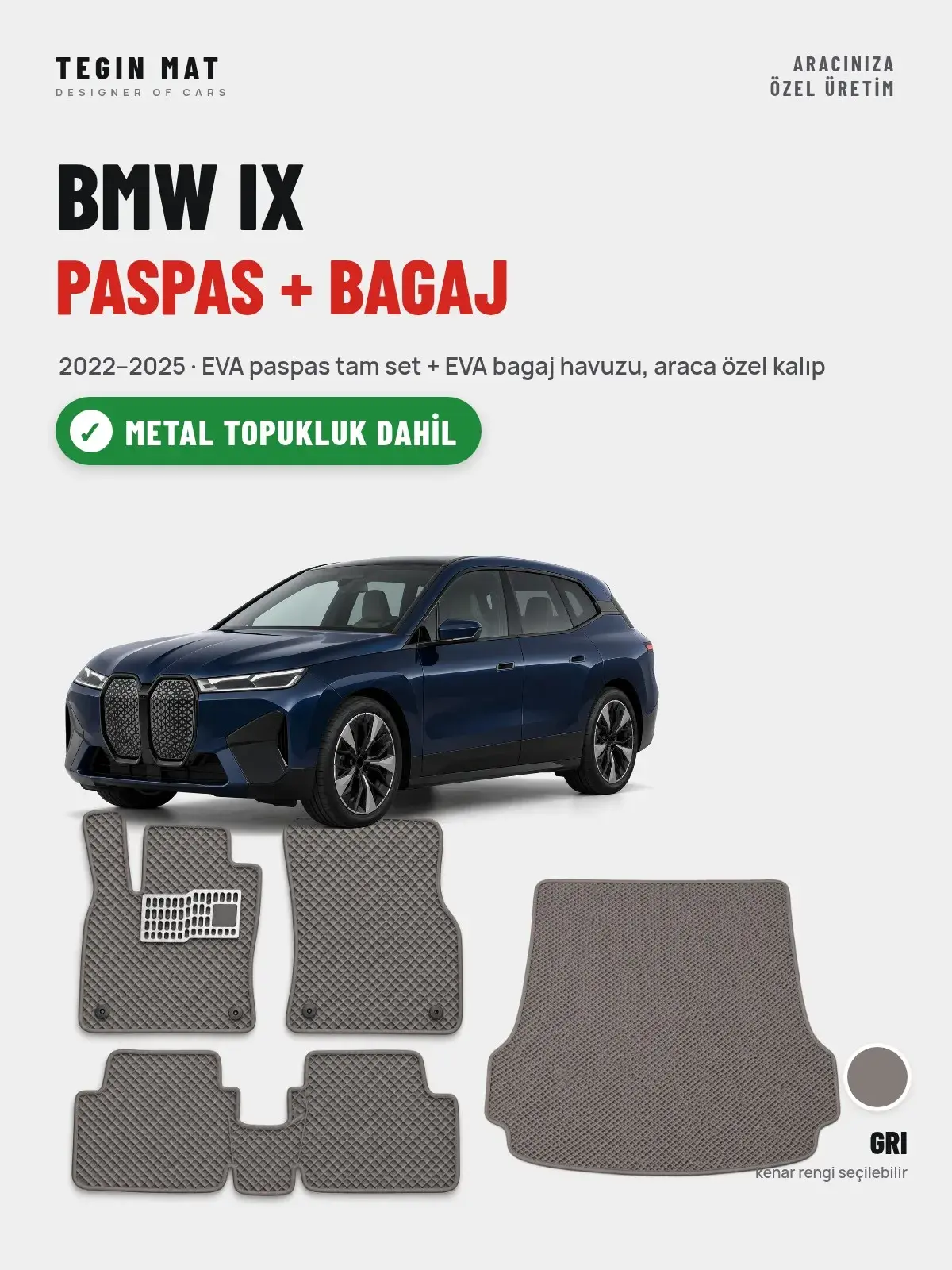 BMW iX EVA Paspas + Bagaj Havuzu Seti (2022–2025) Gri – Metal Topukluk Dahil (1)