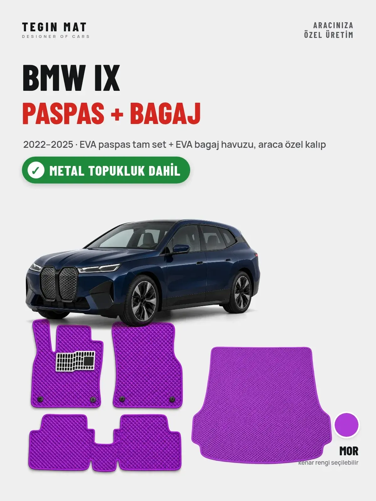 BMW iX EVA Paspas + Bagaj Havuzu Seti (2022–2025) Mor – Metal Topukluk Dahil (1)