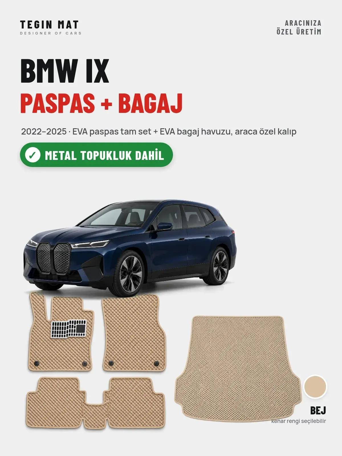 BMW iX EVA Paspas + Bagaj Havuzu Seti (2022–2025) Bej – Metal Topukluk Dahil (1)