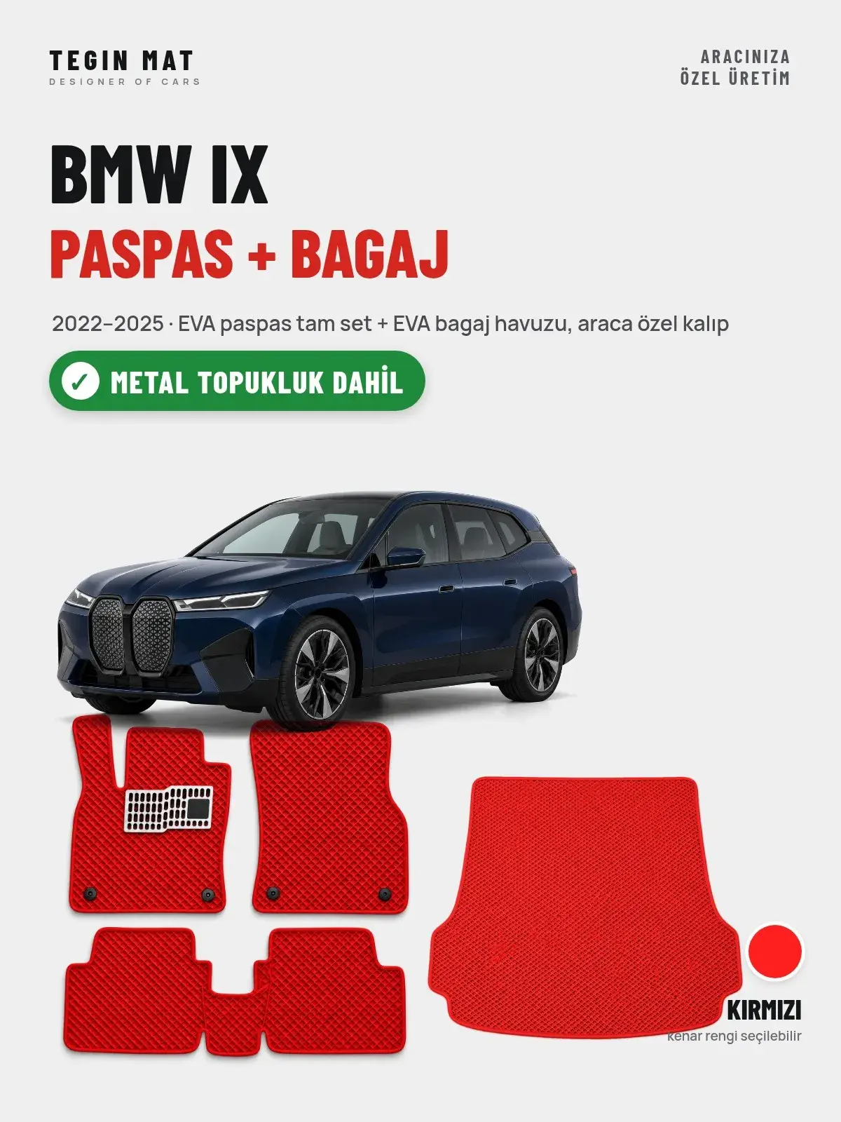BMW iX EVA Paspas + Bagaj Havuzu Seti (2022–2025) Kırmızı – Metal Topukluk Dahil (1)