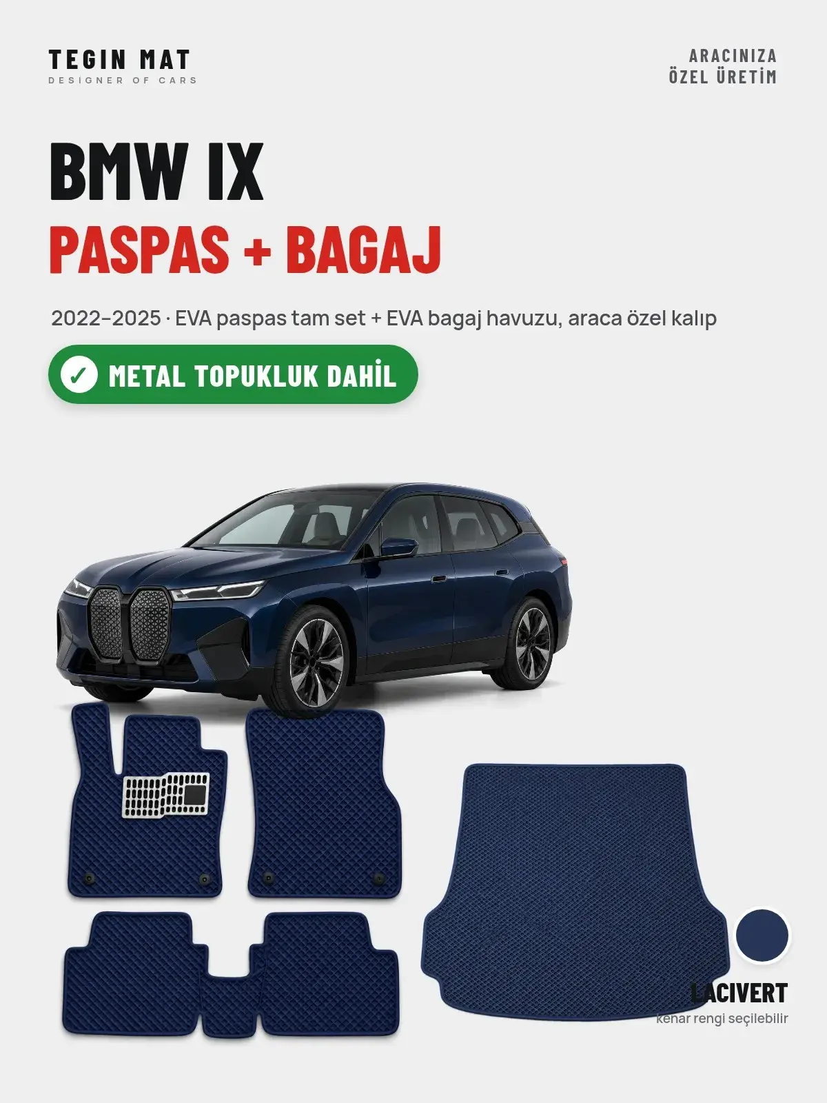BMW iX EVA Paspas + Bagaj Havuzu Seti (2022–2025) Lacivert – Metal Topukluk Dahil (1)