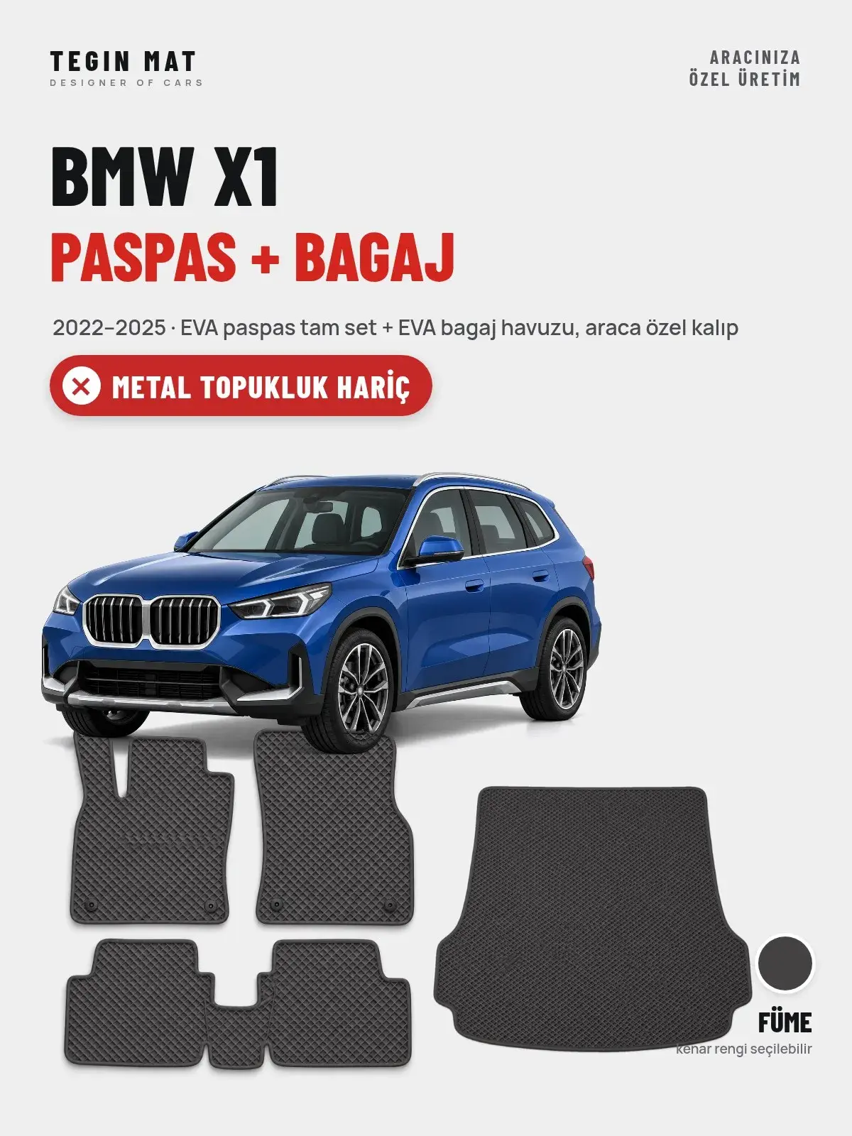 BMW X1 EVA Paspas + Bagaj Havuzu Seti (2022–2025) Füme – Metal Topukluk Hariç (1)