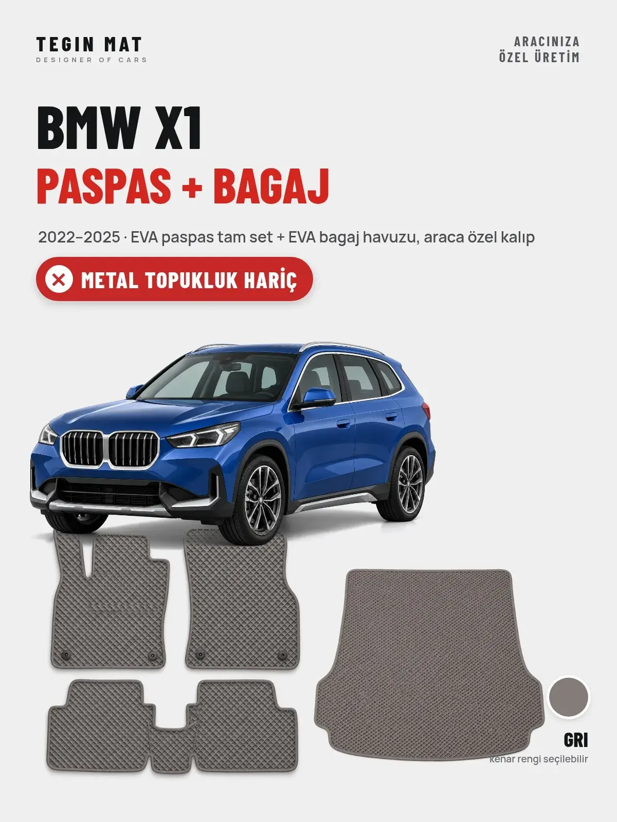 BMW X1 EVA Paspas + Bagaj Havuzu Seti (2022–2025) Gri – Metal Topukluk Hariç (1)
