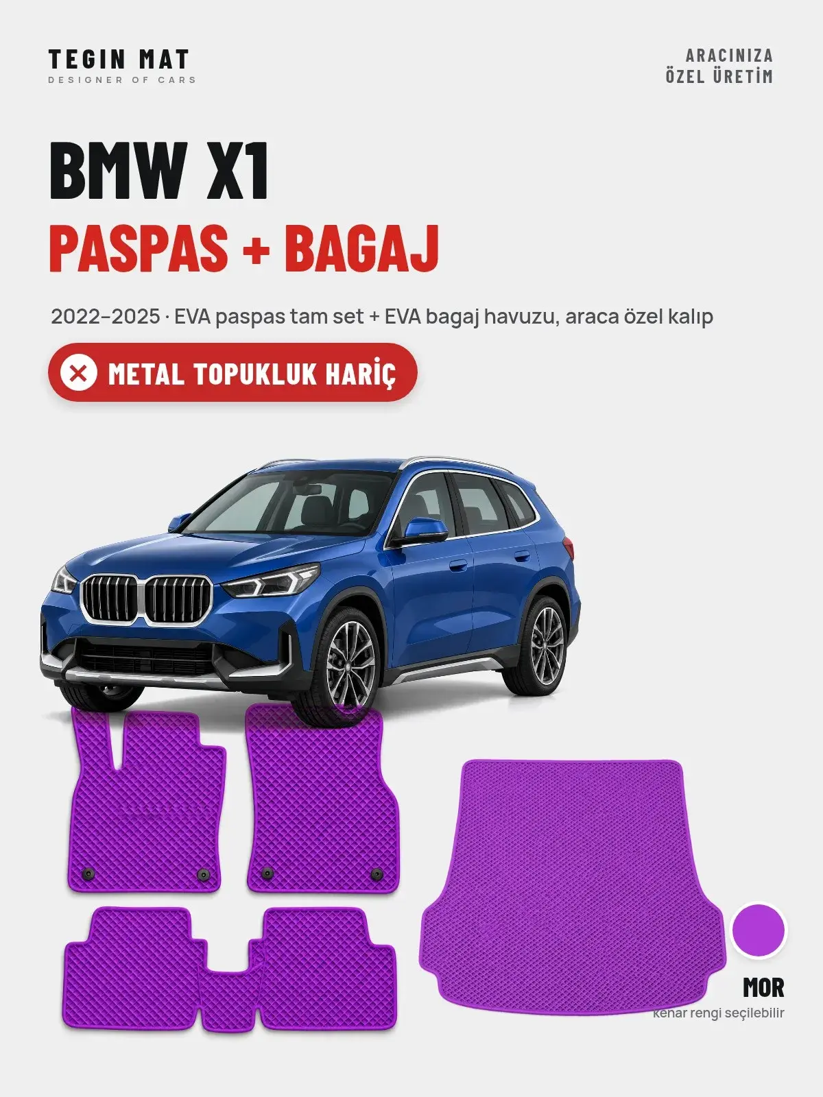 BMW X1 EVA Paspas + Bagaj Havuzu Seti (2022–2025) Mor – Metal Topukluk Hariç (1)