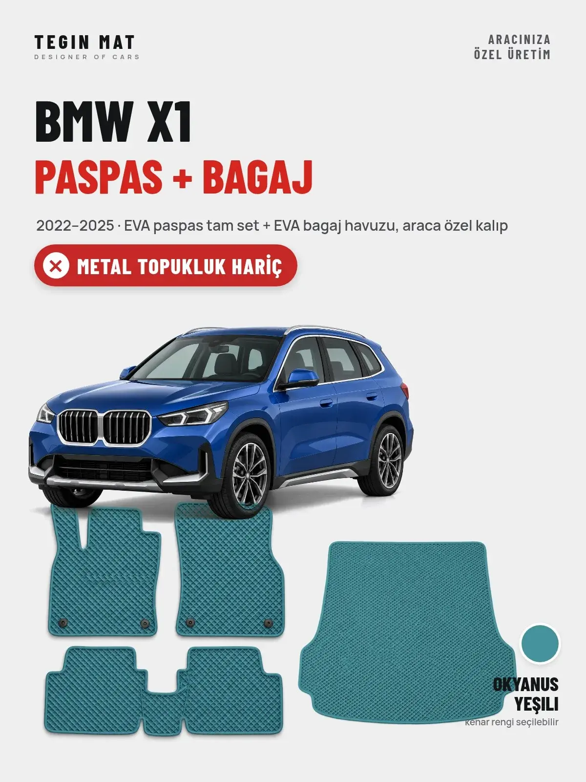 BMW X1 EVA Paspas + Bagaj Havuzu Seti (2022–2025) Okyanus Yeşili – Metal Topukluk Hariç (1)