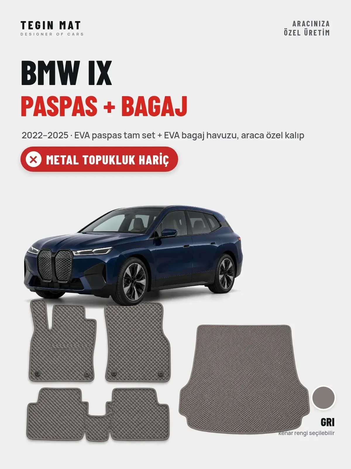 BMW iX EVA Paspas + Bagaj Havuzu Seti (2022–2025) Gri – Metal Topukluk Hariç (1)