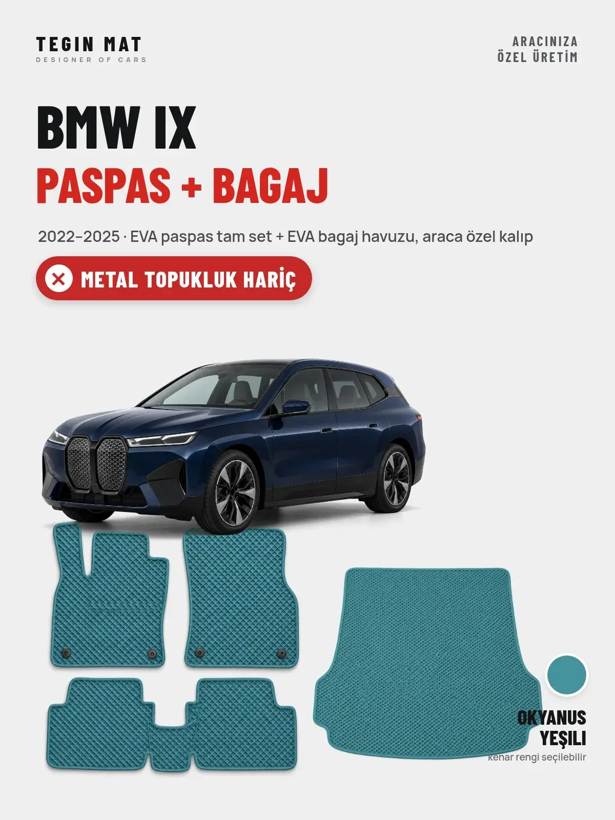 BMW iX EVA Paspas + Bagaj Havuzu Seti (2022–2025) Okyanus Yeşili – Metal Topukluk Hariç (1)