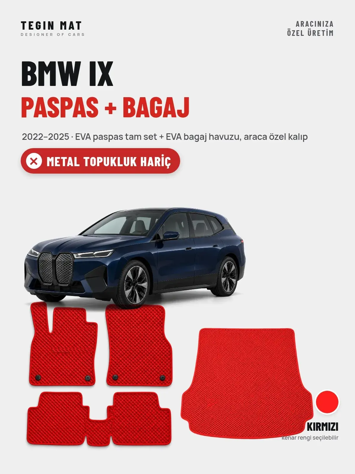 BMW iX EVA Paspas + Bagaj Havuzu Seti (2022–2025) Kırmızı – Metal Topukluk Hariç (1)