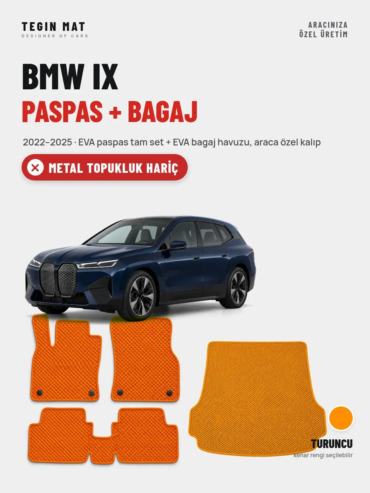 BMW iX EVA Paspas + Bagaj Havuzu Seti (2022–2025) Turuncu – Metal Topukluk Hariç (1)