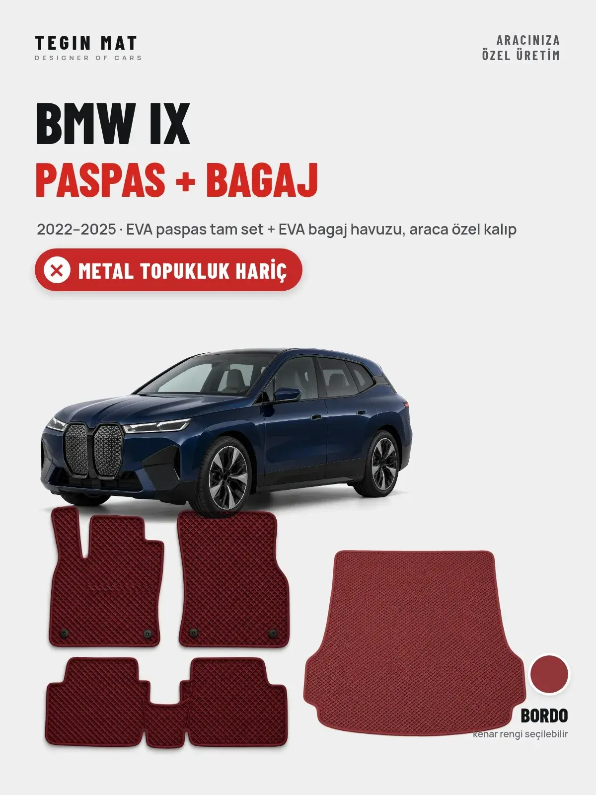 BMW iX EVA Paspas + Bagaj Havuzu Seti (2022–2025) Bordo – Metal Topukluk Hariç (1)