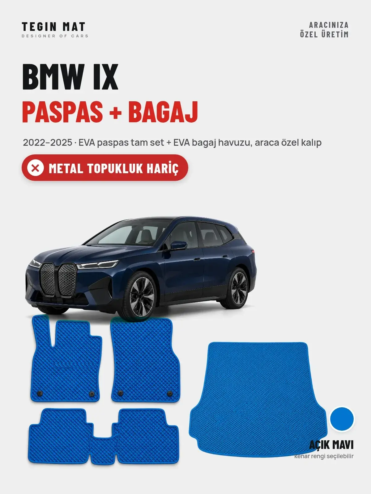 BMW iX EVA Paspas + Bagaj Havuzu Seti (2022–2025) Açık Mavi – Metal Topukluk Hariç (1)
